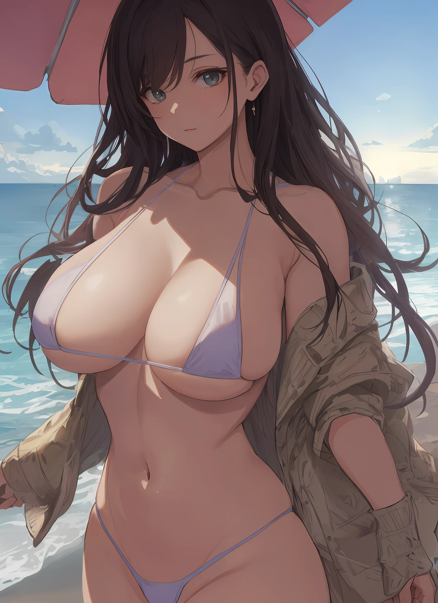 ((Masterpiece, Top Quality)), 1girl, ((Mature Woman)), Big breasts, Long hair, (micro bikini),(areola),(nipple), curvaceous, thick thighs, wide buttocks, thin waist, NSFW, zurijigo, upper body, on the beach, twilight, beautiful detail sky, reflective light, ray tracing, delicate background, viewer view, (bust close-up shot), (chest)
