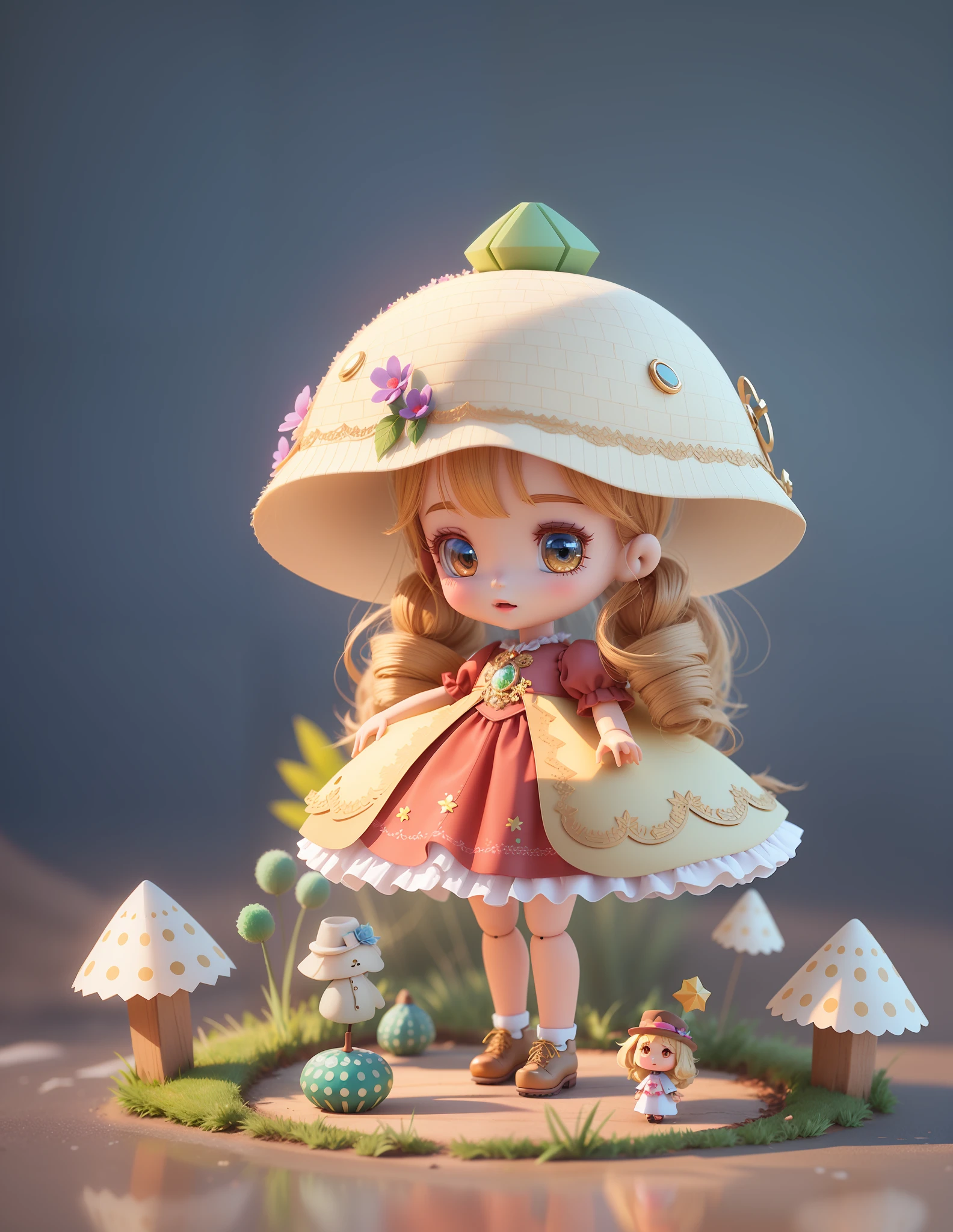This is a little doll standing on the grass with a hat, very cute, detailed presentation with 3D rendering technology, digital art stylized expression. Render a cute 3D anime girl,
Stylized rendering, with the simultaneous appearance of a cute ceramic doll and a super detailed fantasy character, all presented in a stylized 3D rendering. There will also be cute images of forest creatures and digital art,
The background depicts the atmosphere of April.