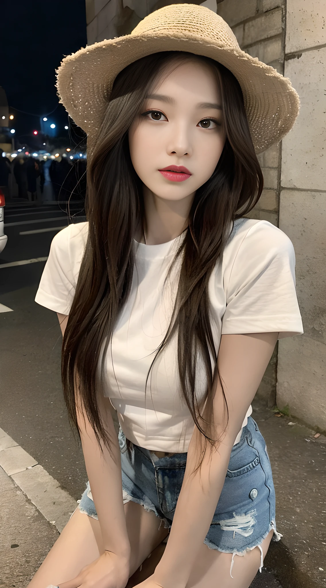((Best Quality, 8K, Masterpiece: 1.3)), (Fisherman's Hat: 1.3), Focus: 1.2, Perfect Body Beauty: 1.4, ((Layered Haircut: 1.2)), (Dark Street: 1.3), Highly Detailed Face and Skin Texture, Fine Eyes, Double Eyelids, Whitened Skin, Long Hair, (Round Face: 1.5), (Short Sleeves, Shorts: 1.6)