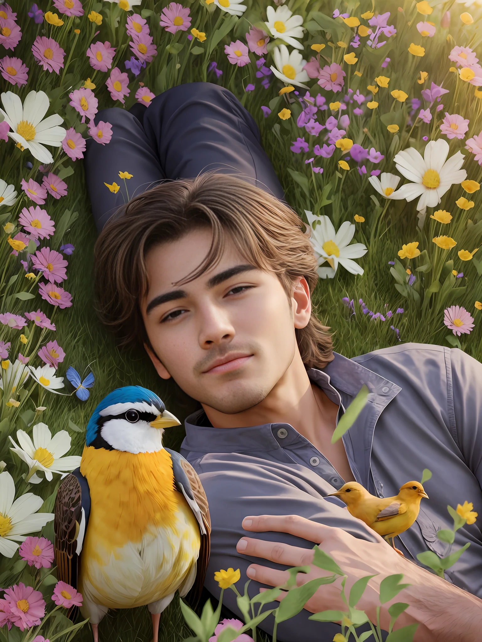 Handsome guy lying on the grass in a garden full of flowers. He is observing a beautiful and radiant sunrise. A bird is perched on his hand. Realistic photo style. 8K. Highly detailed image. --auto --s2
