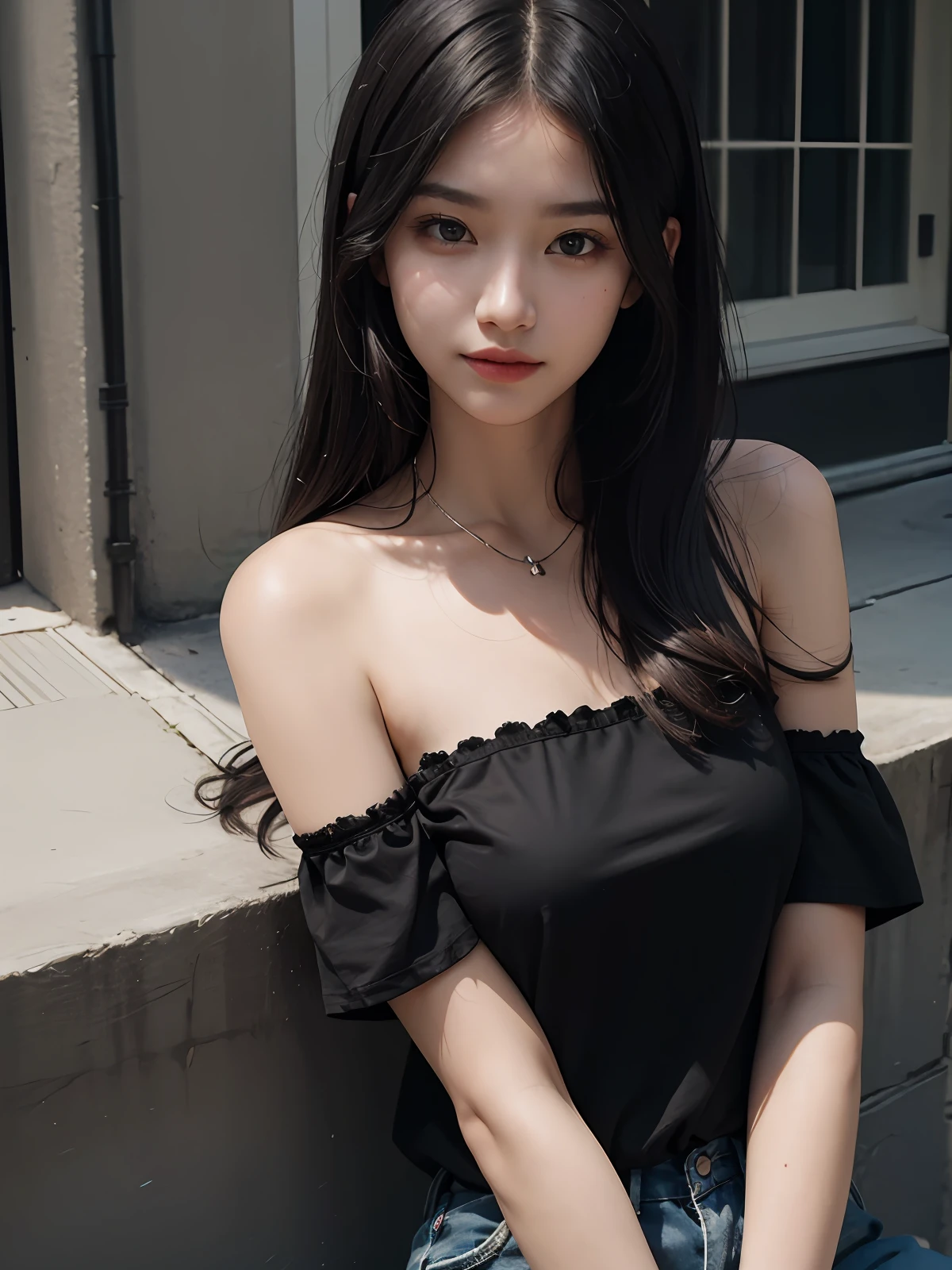 best quality, masterpiece, super high resolution, realistic, original photo, 1 girl, black shirt, delicate, detailed eyes, darkness, film, bare shoulders, necklace, little smile, street, sunlight