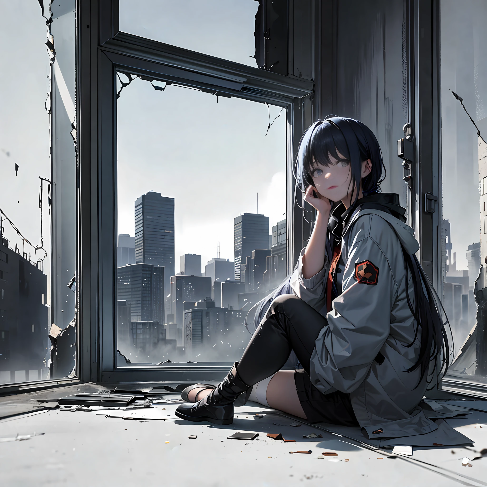 She sits by the window, gazing absently at the outside world. What reflects in her eyes is the desolate landscape of what once must have been a vibrant town.The surrounding apartments are worn down, their paint chipping off, shattered glass from the windows strewn about the roads. The skyline of the distant buildings has an erratic silhouette due to the marks of an explosion.Yumi's gaze slips from this devastation to the void. The sky is gray, its former blueness nowhere to be found. The clouds are ominously dark, and at the end of her vision, a storm is raging.
