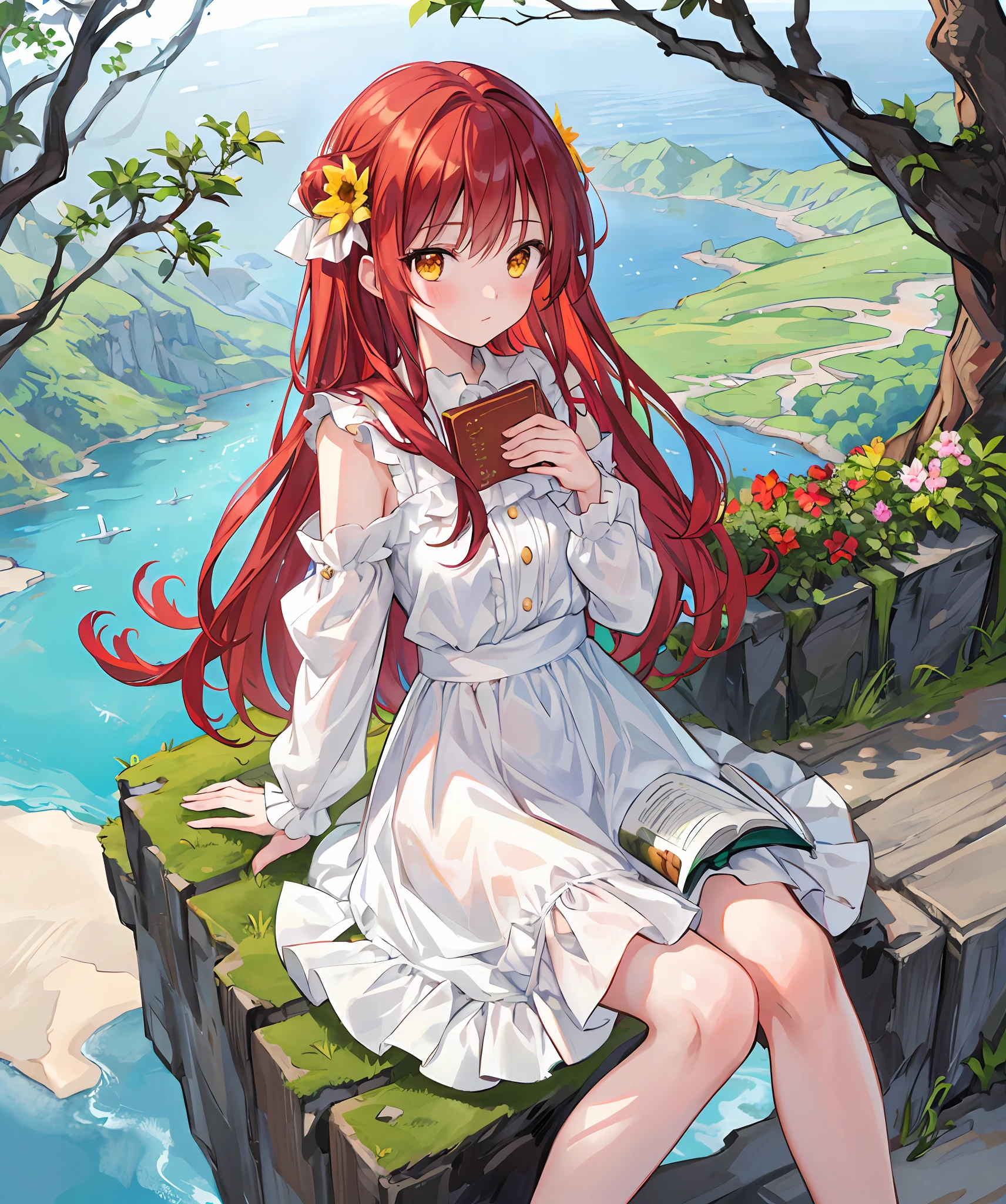 materpiece, ultra detail, natural light, 1 girl, sitting at the edge of a cliff, full body, studing, looking at the viewer, cascade background, birds flying, white dress, long dark red hair, yellow eyes, embarrased face, blush, holding a book, tree, lake, flowers, rabbit