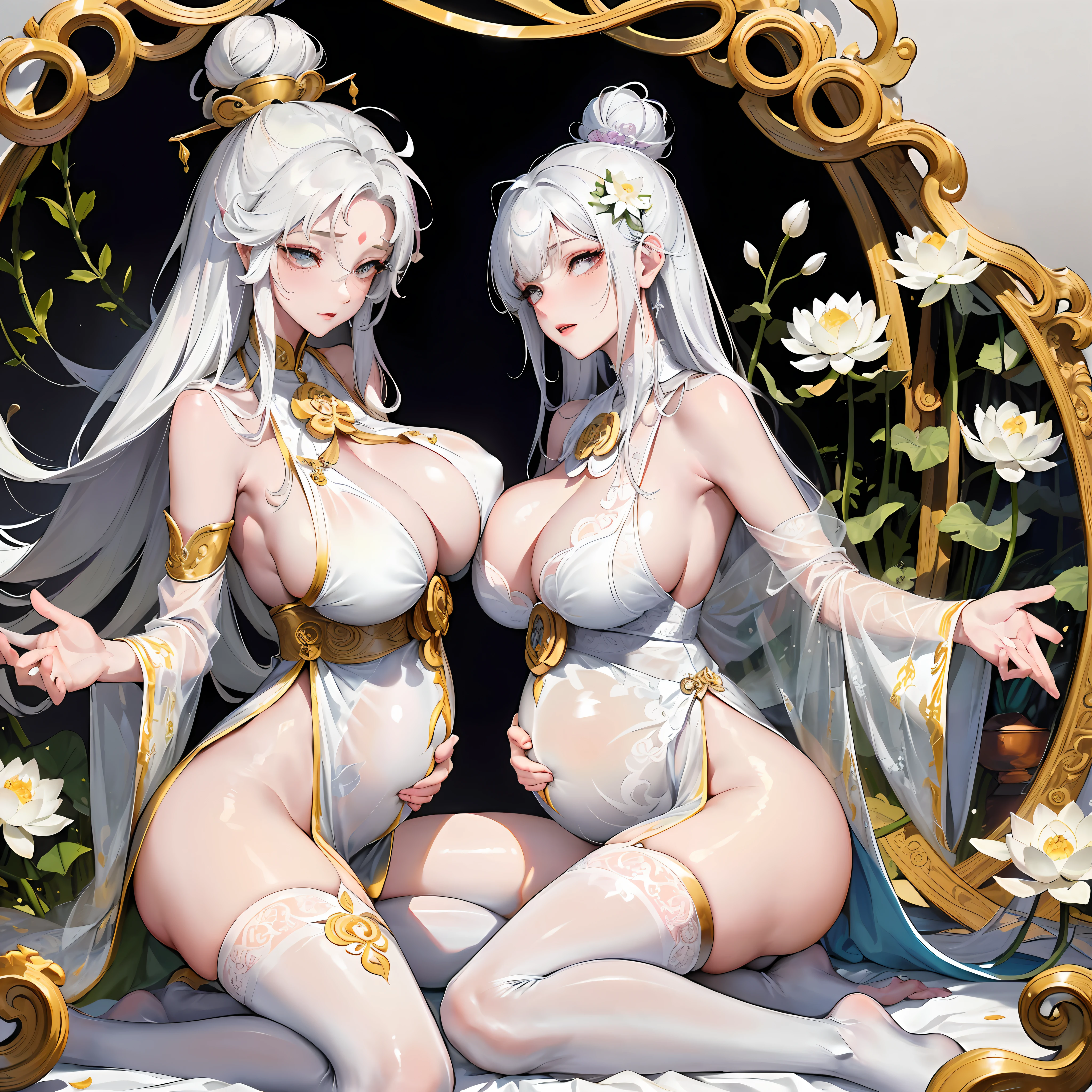 (Avalokiteshvara), Pudu sentient beings, Incarnation of sorrow, Buddhist deity, Guanyin Daishi, 2 pregnant women, (pregnant mother and pregnant daughter), Nankai Dojo, white hair, black eyes, cross-legged meditation ((super huge breasts)), mother, ((simple style, white lotus background)), Buddhist disciple, saving suffering, great compassion, Pudu sentient beings, extremely solemn, lying on the bed with wide open legs, white silk robe, white socks, white ribbon, white veil, pale face, golden pupils, fair skin, No desire and no desire, shaping holy atmosphere, coiled dragon bun, boundless mana, ancient Chinese aristocracy, beautiful legs, gorgeous ancient Buddhist decoration, (a large number of exquisite white lotus flower ornaments), perfect flesh full of texture, , searing rendering effect, jaw-dropping, captivating visual enjoyment, ((best quality)), ((masterpiece)), maximum definition, multi-layered texture, super detailed, illustration, (super detailed face), (perfect face), clear texture, fine texture, Ultra HD detail display, Excellent image performance, high-quality illustrations, perfectly fitting and harmonious tones, deep lines, precise brush strokes, with a strong sense of three-dimensionality and delicate wear, wonderful color matching, intricate details