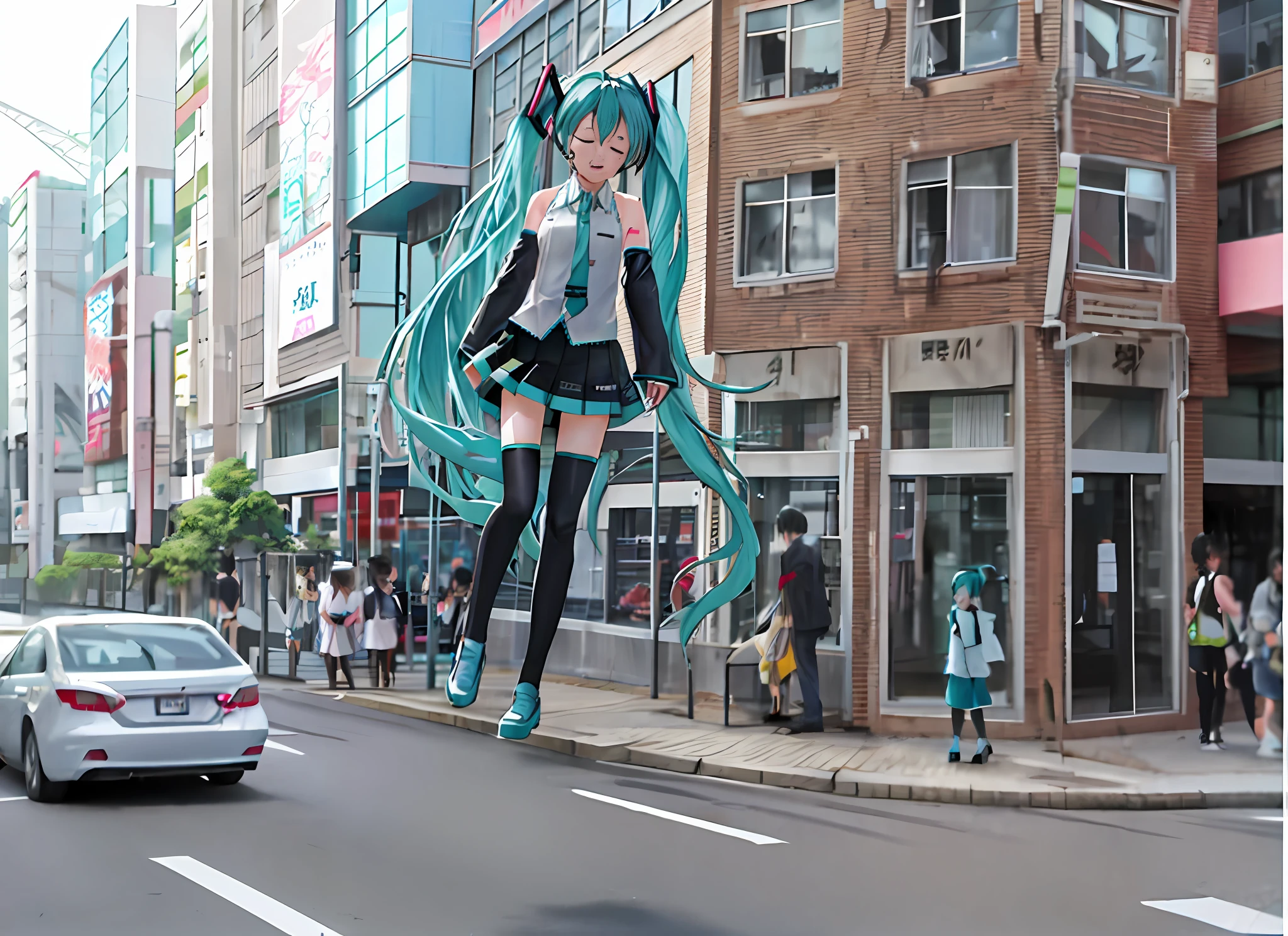 Hatsune Miku, Tokyo Anime Scene, On the City Streets, Anime CGI Style, Realistic, Eyes Closed, Mouth Closed,