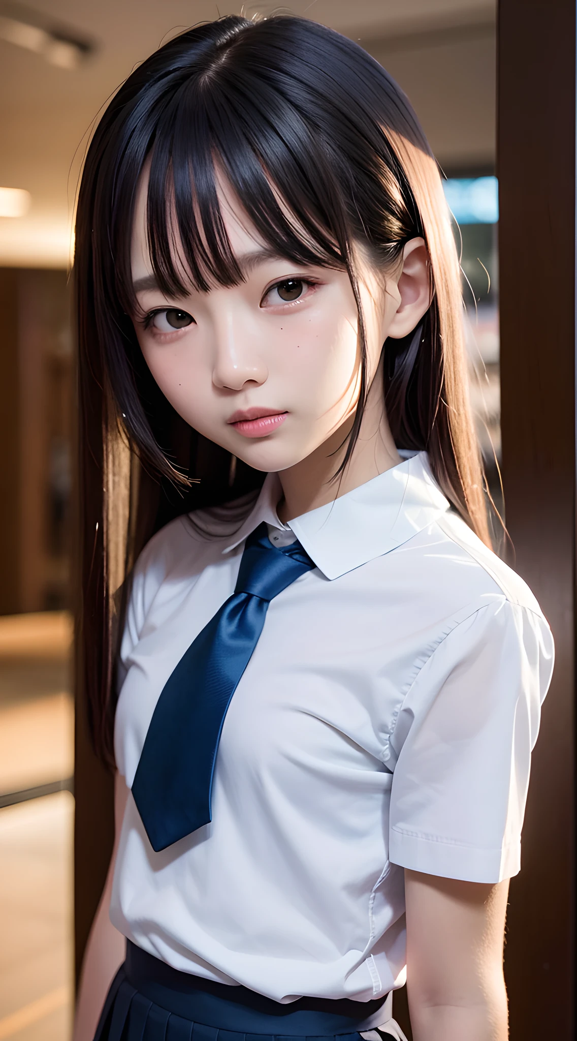 masterpiece, best quality, 8k, 85mm portrait, absurdres, beautiful girl, (night, upper body:1.5), cute, street, (school uniform, white shirt, short sleeve, dark blue tie, pleated skirt:1.2), slender, neon, (Lianyungang, Akishima, Yeonggwang:0.4), no makeup, perspective, depth of field, ultra realistic, highres, photography, sharp focus, HDR, facelight, dynamic lighting, highest detailed, extreme detailed, ultra detailed, finely detail, real skin, delicate facial features