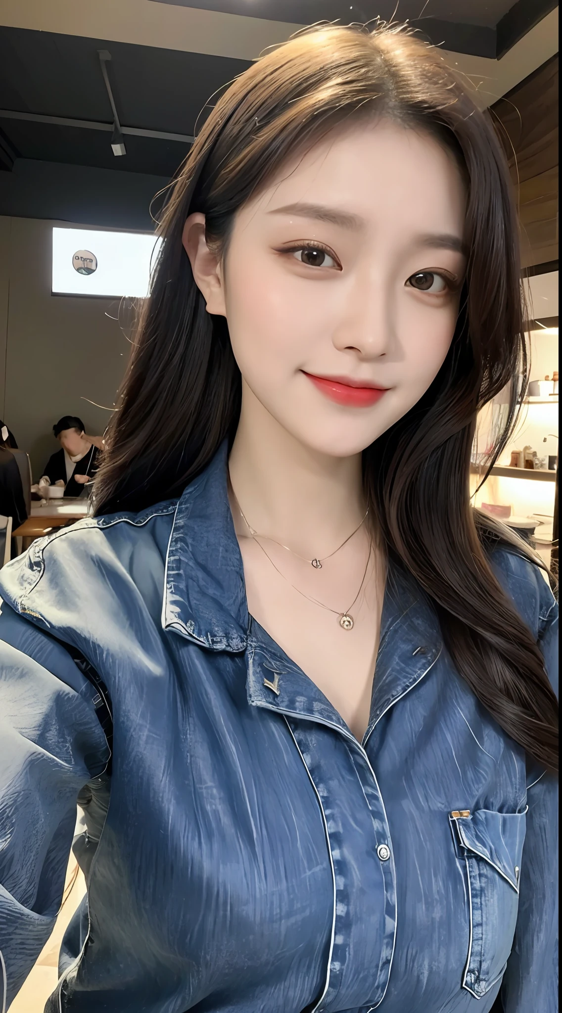 20 years old, pure beauty, danfeng eyes, double eyelids, lying silkworm, long eyelashes, black eyes, deep black hair, graceful body, exposed slender waist, casual shirt, new perfect denim, face highlight, smile, look at me, bust photo, background, city night scene, Tyndall light, filter rendering, super fine, HD, HD, HD picture quality, detail, 18k ultra HD resolution, top effects, master works, bust photos.
