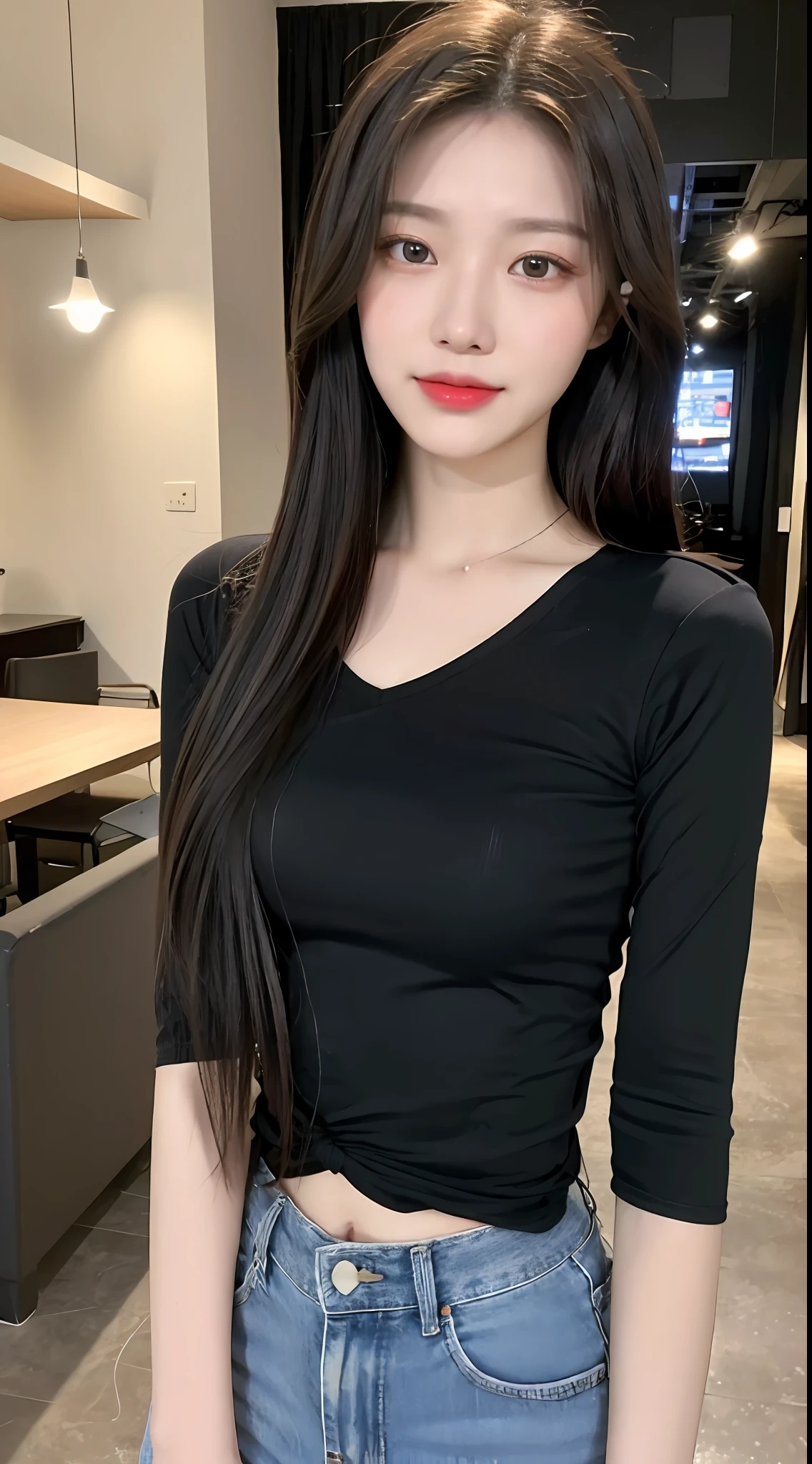 20 years old, pure beauty, danfeng eyes, double eyelids, lying silkworm, long eyelashes, black eyes, deep black hair, graceful body, exposed slender waist, casual shirt, new perfect denim, face highlight, smile, look at me, bust photo, background, city night scene, Tyndall light, filter rendering, super fine, HD, HD, HD picture quality, detail, 18k ultra HD resolution, top effects, master works, bust photos.