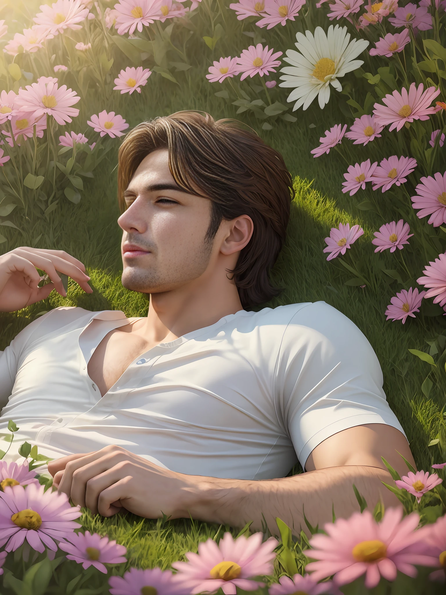Handsome guy lying on the grass in a garden full of flowers. He is observing a beautiful and radiant sunrise.  Realistic photo style. 8K. Highly detailed image. --auto --s2