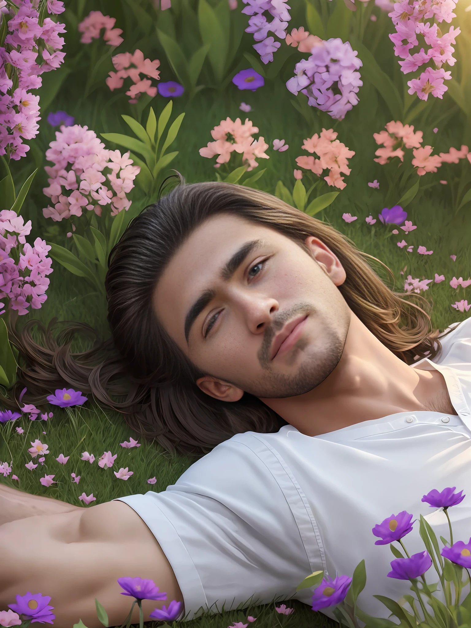 Handsome guy lying on the grass in a garden full of flowers. He is observing a beautiful and radiant sunrise.  Realistic photo style. 8K. Highly detailed image. --auto --s2