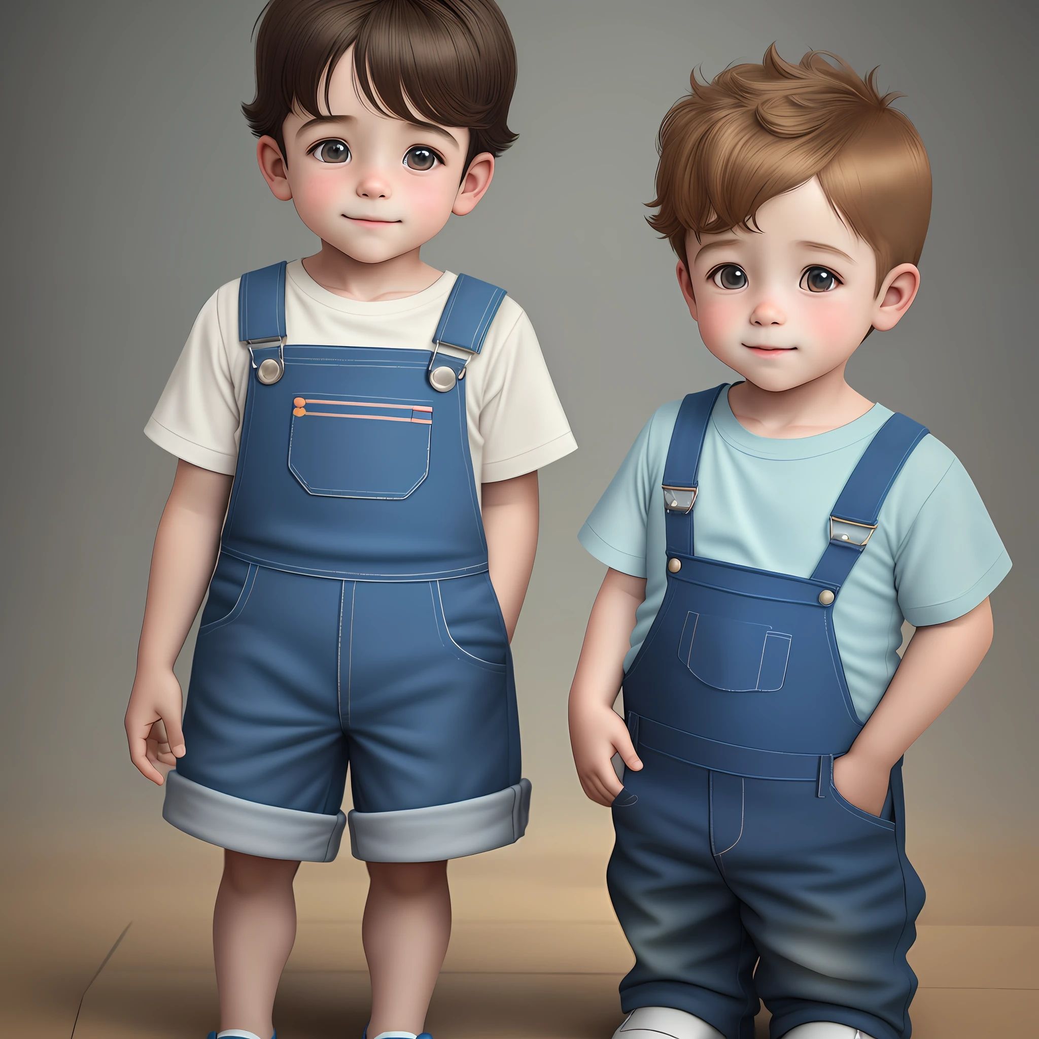 A 3--old holding a corgi dog, wearing blue overalls, the picture is very warm and healing, with realistic details, solid color background, 3D rendering, cute Q version, super details, realistic, photography, ultra-high definition