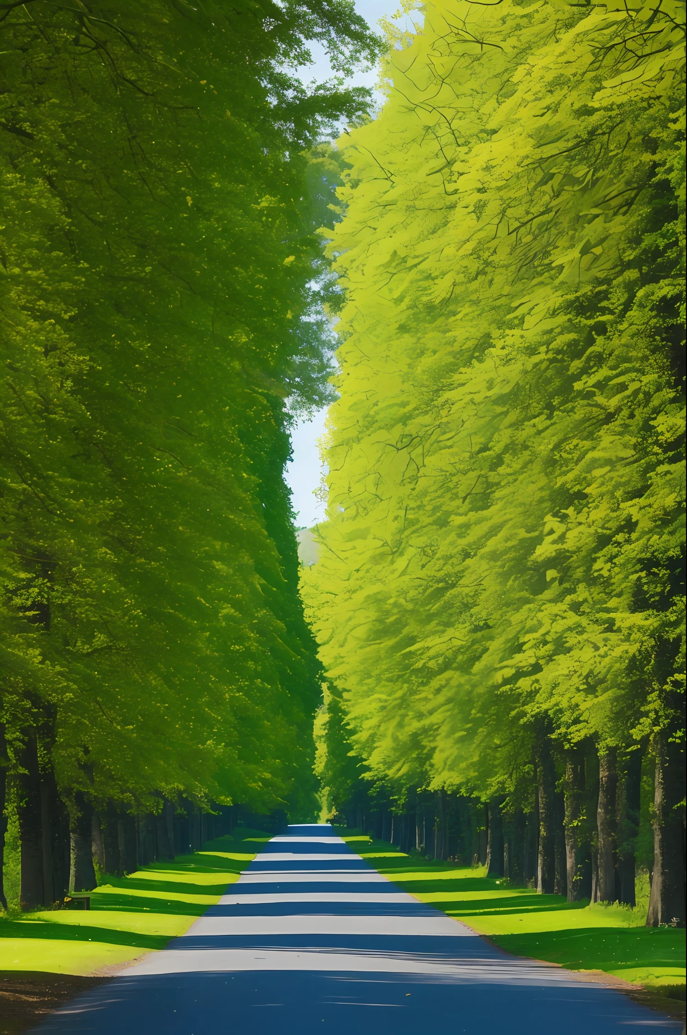On a spring road, the plane trees on both sides are covered with green leaves