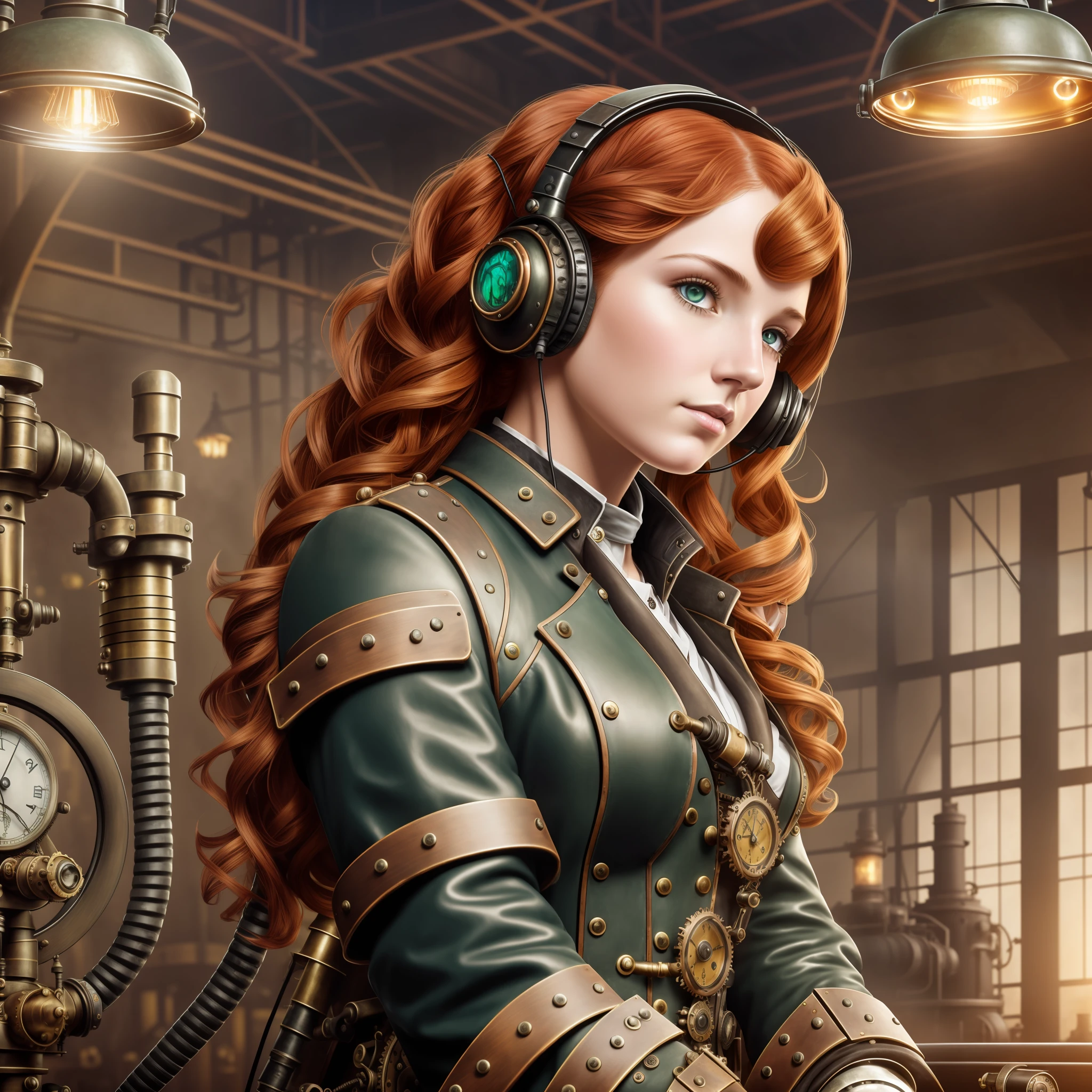 hyper photorealism, very high contrast photograph, street photography, cinematic lighting, dramatic lighting, (a 19 yo girl, (Ana de Armas:0.50), (redhead:1.1)), very cute, (perfect eyes:1.1), photorealistic wavy hair, looking down at her own hand, steampunk jumpsuit, intercom headset, steampunk choker, long leather boots, perfect detailed face, detailed symmetric green eyes with circular iris, fixing a steam engine in the steampunk garage filled with steam and smoke, intricate, hdr, intricate details, detailed, cinematic, cogs and gears, steamy background with lots of steam pipes and steam valves and pressure gauges and gears, realistic, stunning realistic photograph, 3d render, octane render, cinematic, Isometric, Centered, hyperealistic cover photo, awesome full color, 12k, high definition, portrait featured on unsplash, smooth, ultra high definition, 8k, ultra sharp focus, intricate artwork, masterpiece, ominous, epic, highly detailed, warm cinematic, a girl in a light gray uniform sitting on a machine, young girl in steampunk clothes, in a steampunk laboratory, steampunk inventor girl, in a steampunk world, woman in a dark factory, steampunk fantasy style, steampunk , steampunk aesthetic --auto --s2