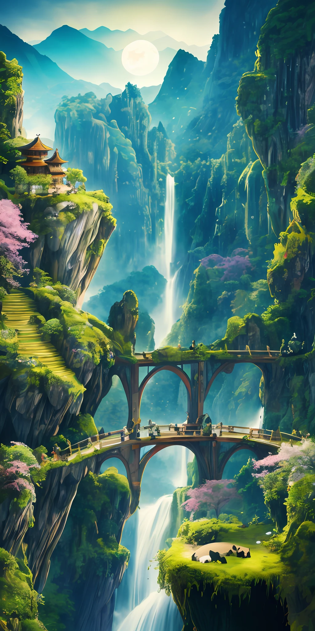 A lush forest with tall and colorful trees, a group of furry friends (rabbit, wolf, orso, squirrels, hrmiguero and jochi) exploring the forest, a crystal clear waterfall, a wooden bridge that crosses a river, a map of the forest.