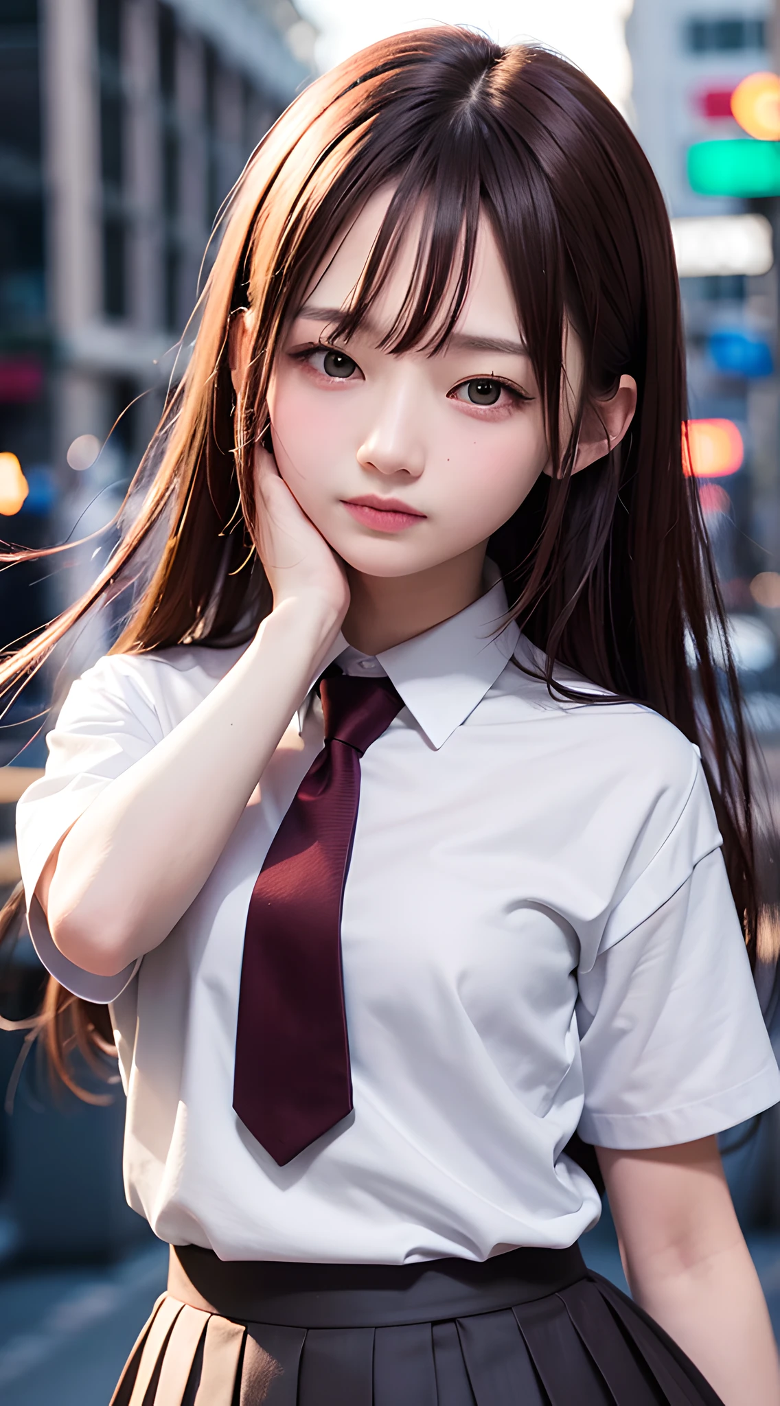 masterpiece, best quality, 8k, 85mm portrait, absurdres, beautiful girl, (night, upper body:1.5), cute, street, (school uniform, white shirt, short sleeve, dark brownish grey pleated skirt, dark grey tie:1.2), long hair, slender, neon, (Lianyungang, Akishima, Yeonggwang:0.4), no makeup, (dark red tie:1.2), perspective, depth of field, ultra realistic, highres, photography, sharp focus, HDR, facelight, dynamic lighting, highest detailed, extreme detailed, ultra detailed, finely detail, real skin, delicate facial features