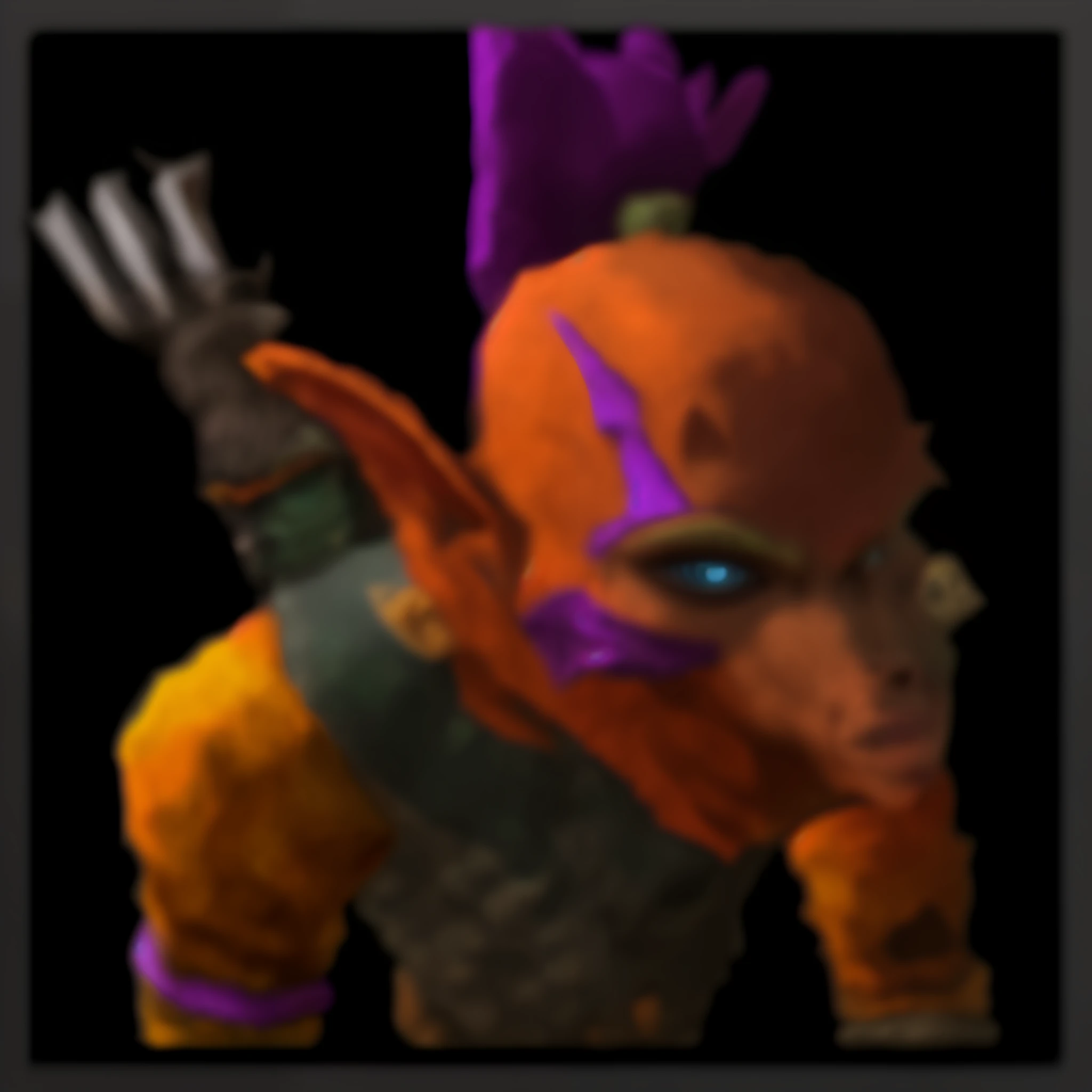 a close up of a person with a purple and orange outfit, medium portrait of a goblin, anthropomorphic warrior piglet, elfpunk, goblin female portrait, dog - faced muscular goblin, portrait of a goblin, drak fantasy goblin, portrait of a gnoll, female troll shaman, male jester, antimage, goblin chainwalker, bald orc mechanic