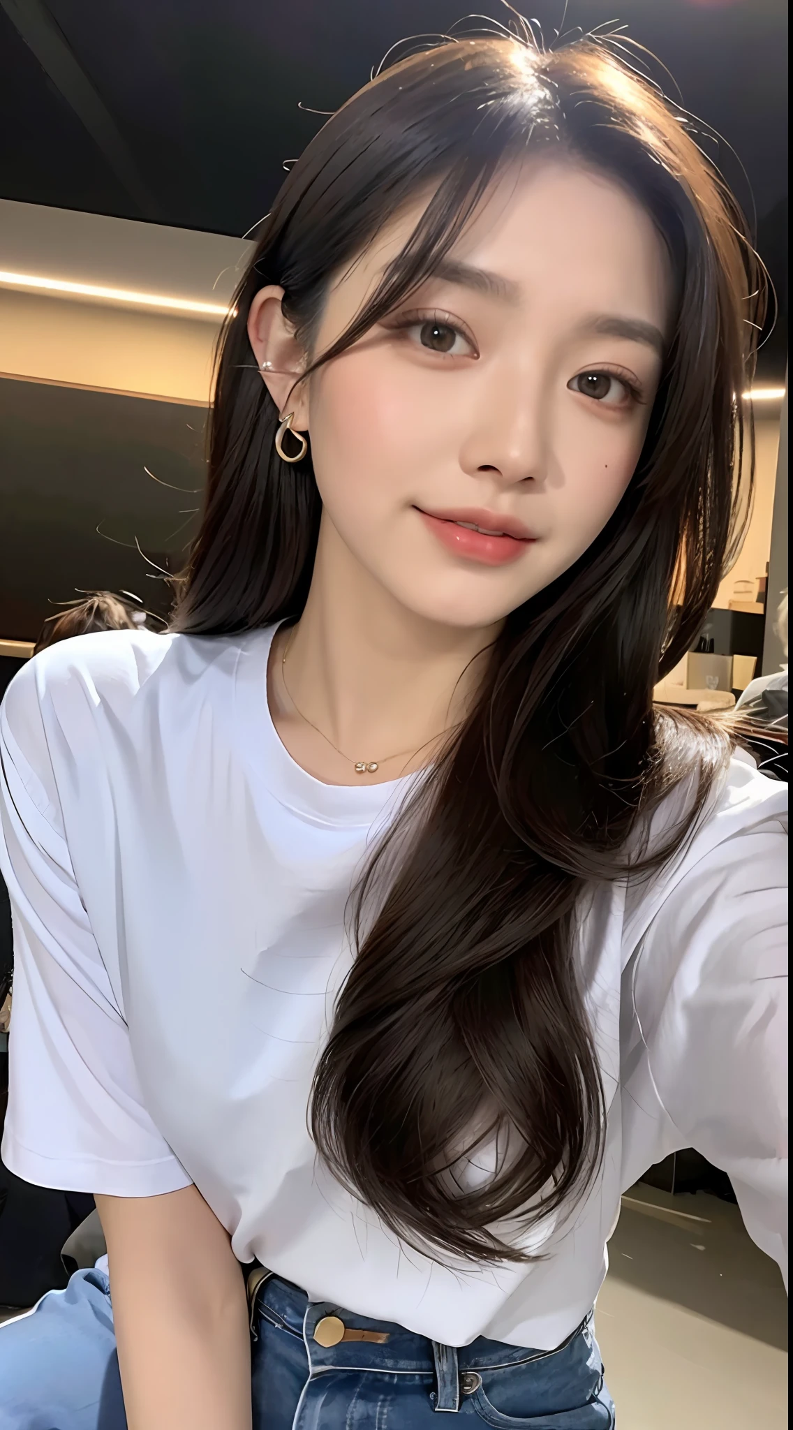 20 years old, pure beauty, danphoenix eyes, double eyelids, lying silkworm, long eyelashes, black eyes, deep black hair, graceful body, exposed slender waist, casual T-shirt, new perfect jeans, face highlight, smile, look at me, bust photo, background, city night view, Tyndall light, filter rendering, super fine, HD, HD, HD picture quality, detail, 18k ultra HD resolution, top effects, master works, bust photos.