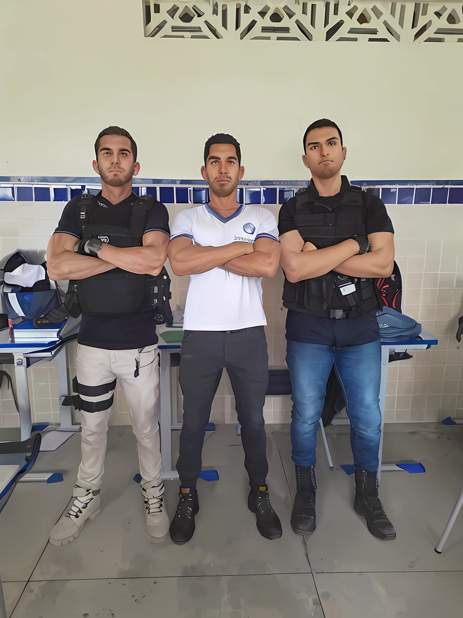 Generate a realistic image of three friends dressed as police officers, all in full uniforms and tactical equipment. They are standing outside a police station, with a patrol car parked in the background. The officer in the center of the image is holding a radio and looking at something nearby, while the other two officers are standing next to him, their hands resting on their gun holsters. The officer on the left is holding a semi-automatic pistol and has a serious look on his face. The officer on the right is holding a retractable baton and is staring at the camera. The police station in the background has a brick façade with glass windows and a metal plaque with the police logo. The sunlight is creating shadows on the ground, giving a realistic and dramatic atmosphere. The image resolution must be at least 4K Ultra HD, with 3840x2160 pixels.