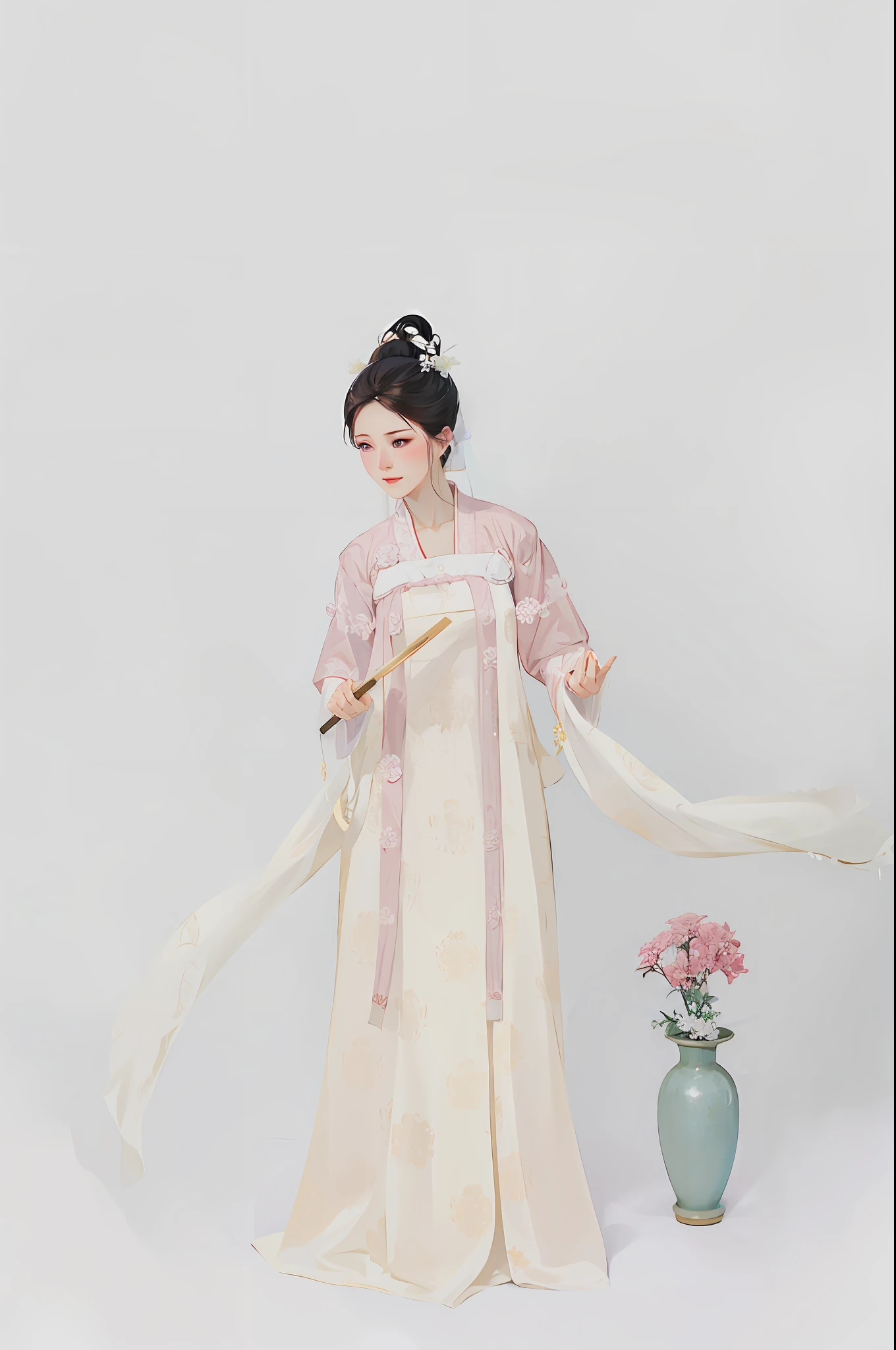 araffe woman in a white dress holding a pink flower, hanfu, white hanfu, tang dynasty, with acient chinese clothes, wearing ancient chinese clothes, traditional chinese clothing, chinese costume, palace , a girl in hanfu, beautiful render of tang dynasty, ancient asian dynasty princess, ancient chinese princess, traditional chinese, wearing wheat yellow gauze
