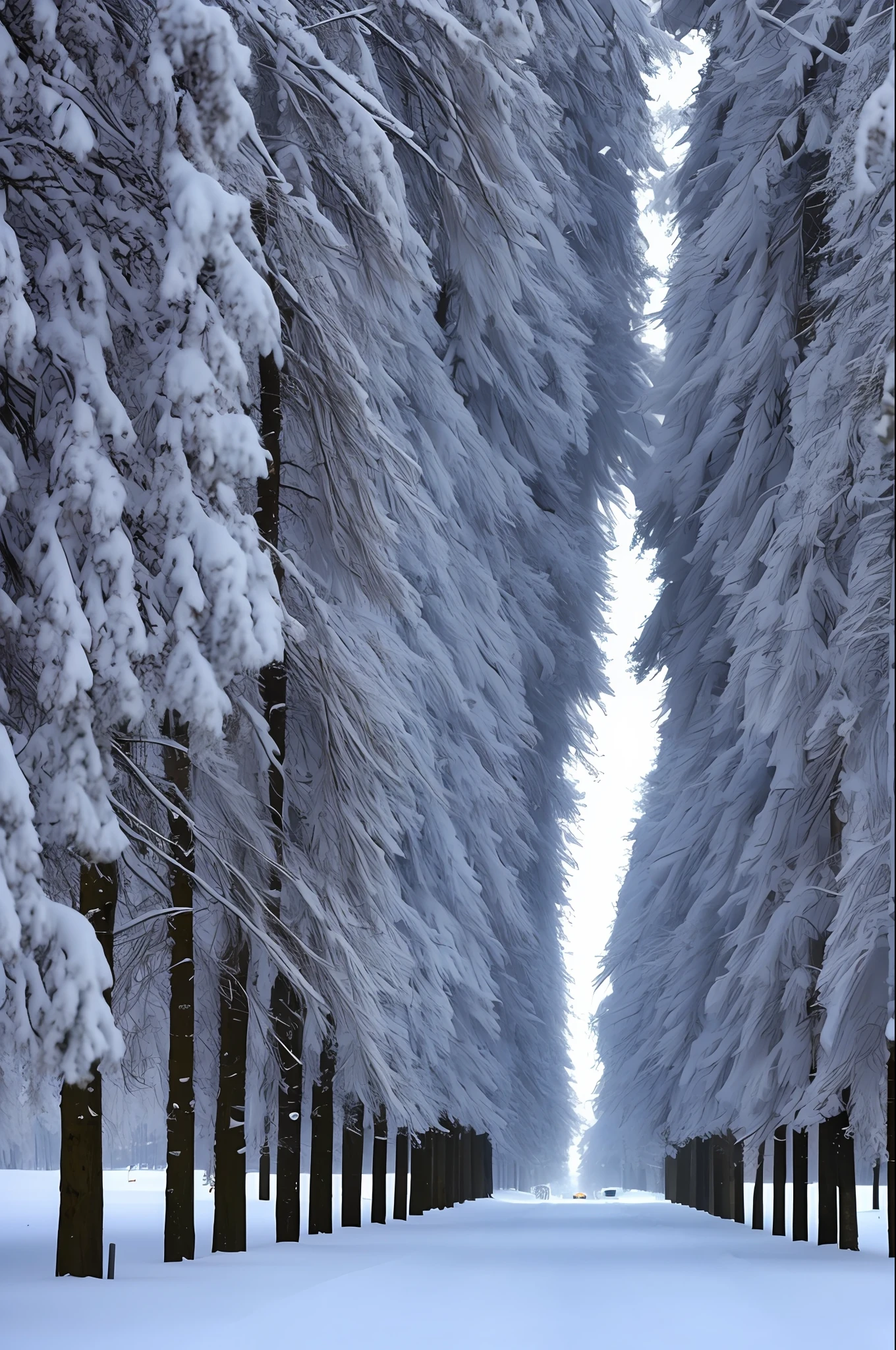 On a road in winter, the plane trees on both sides are covered with layers of snow