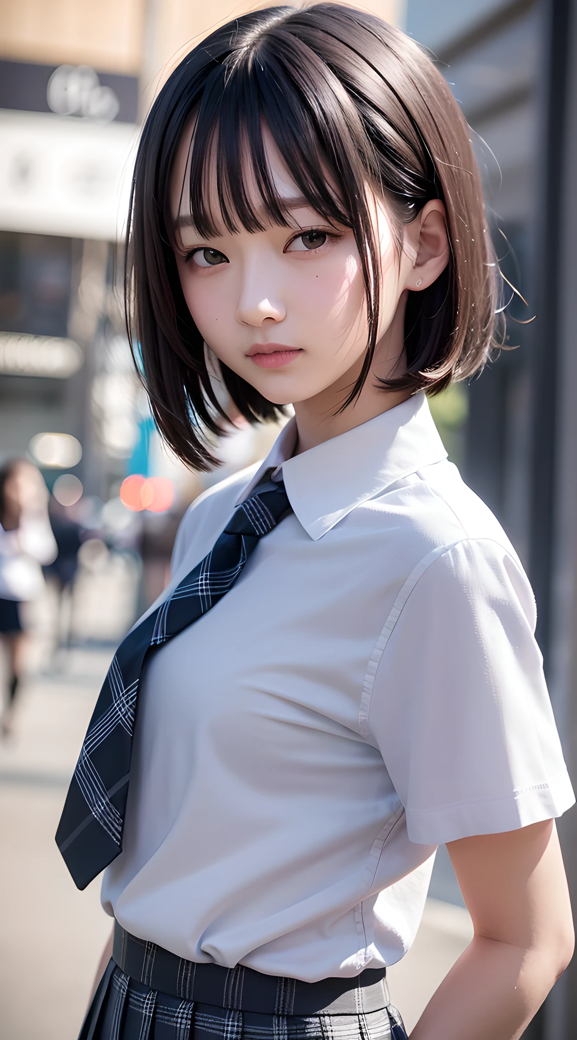 masterpiece, best quality, 8k, 85mm portrait, absurdres, beautiful girl, (night, upper body:1.5), cute, street, (school uniform, white shirt, short sleeve, dark grey pleated plaid skirt, dark grey tie:1.2), short hair, slender, neon, (Lianyungang, Akishima, Yeonggwang:0.4), no makeup, perspective, depth of field, ultra realistic, highres, photography, sharp focus, HDR, facelight, dynamic lighting, highest detailed, extreme detailed, ultra detailed, finely detail, real skin, delicate facial features