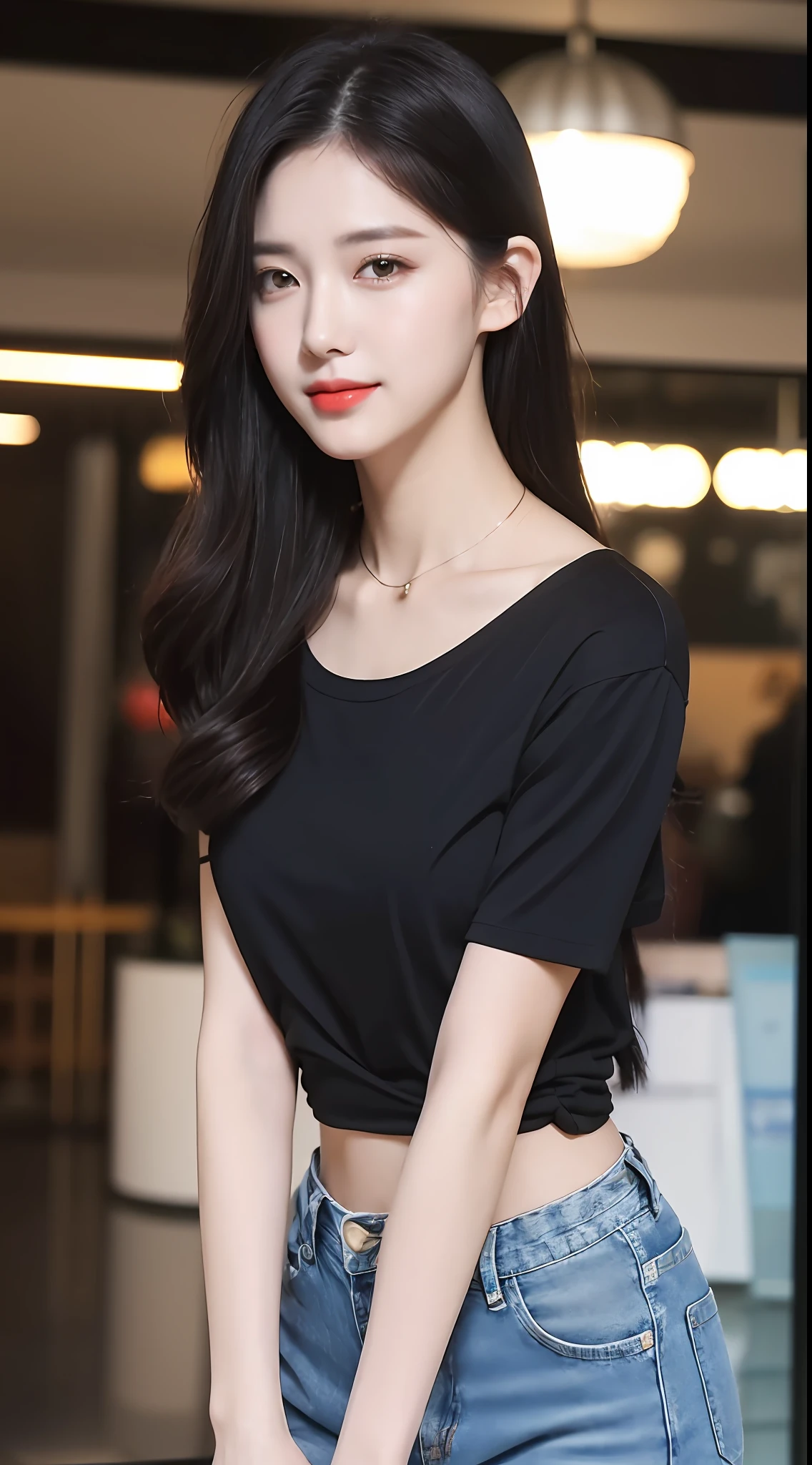 20 years old, pure beauty, danphoenix eyes, double eyelids, lying silkworm, long eyelashes, black eyes, deep black hair, graceful body, exposed slender waist, casual T-shirt, new perfect jeans, face highlight, smile, look at me, bust photo, background, city night view, Tyndall light, filter rendering, super fine, HD, HD, HD picture quality, detail, 18k ultra HD resolution, top effects, master works, bust photos.