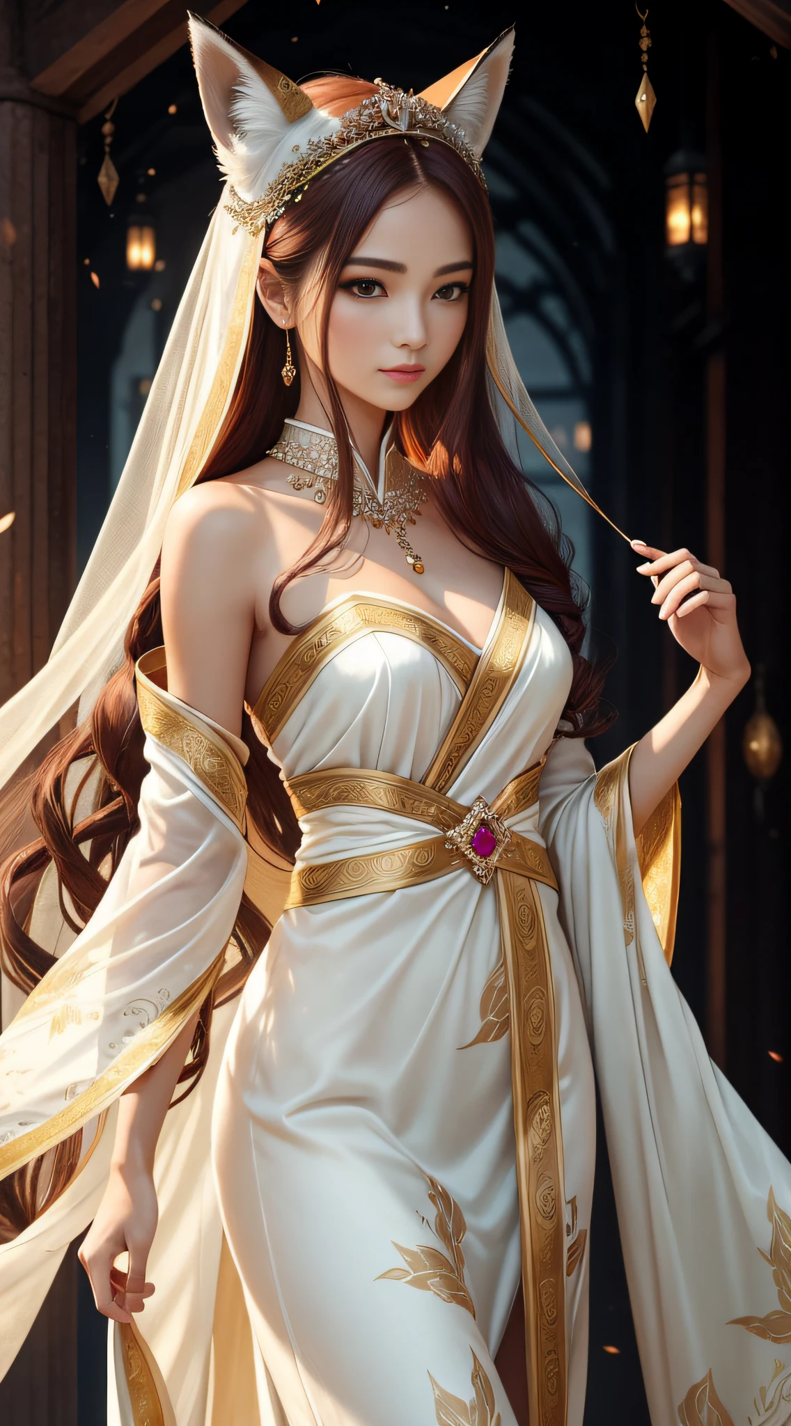 The female fox has cultivated into a human form, with a slender posture, silky skin, a beautiful face, and deep eyes, as if there is a special wisdom in it. She wears a gorgeous brocade robe embroidered with delicate patterns, showing exquisite craftsmanship in the details. He wears a red hairpin set with a crystal clear ruby that glitters brightly. Her body exudes a faint fragrance, which makes people feel refreshed, as if they are in the clouds. Her body is flexible and light, and her walking seems to have a sense of ethereal, like a swallow in the sky. Although she has cultivated into a human form, she can still feel the fox qi flowing in her body, which makes people can't help but feel a mysterious and amazing feeling towards her. She is a beautiful and mysterious female fox, exuding charming charm, clear details, clear fingers, ultra-clear, retina, background ancient attic, street