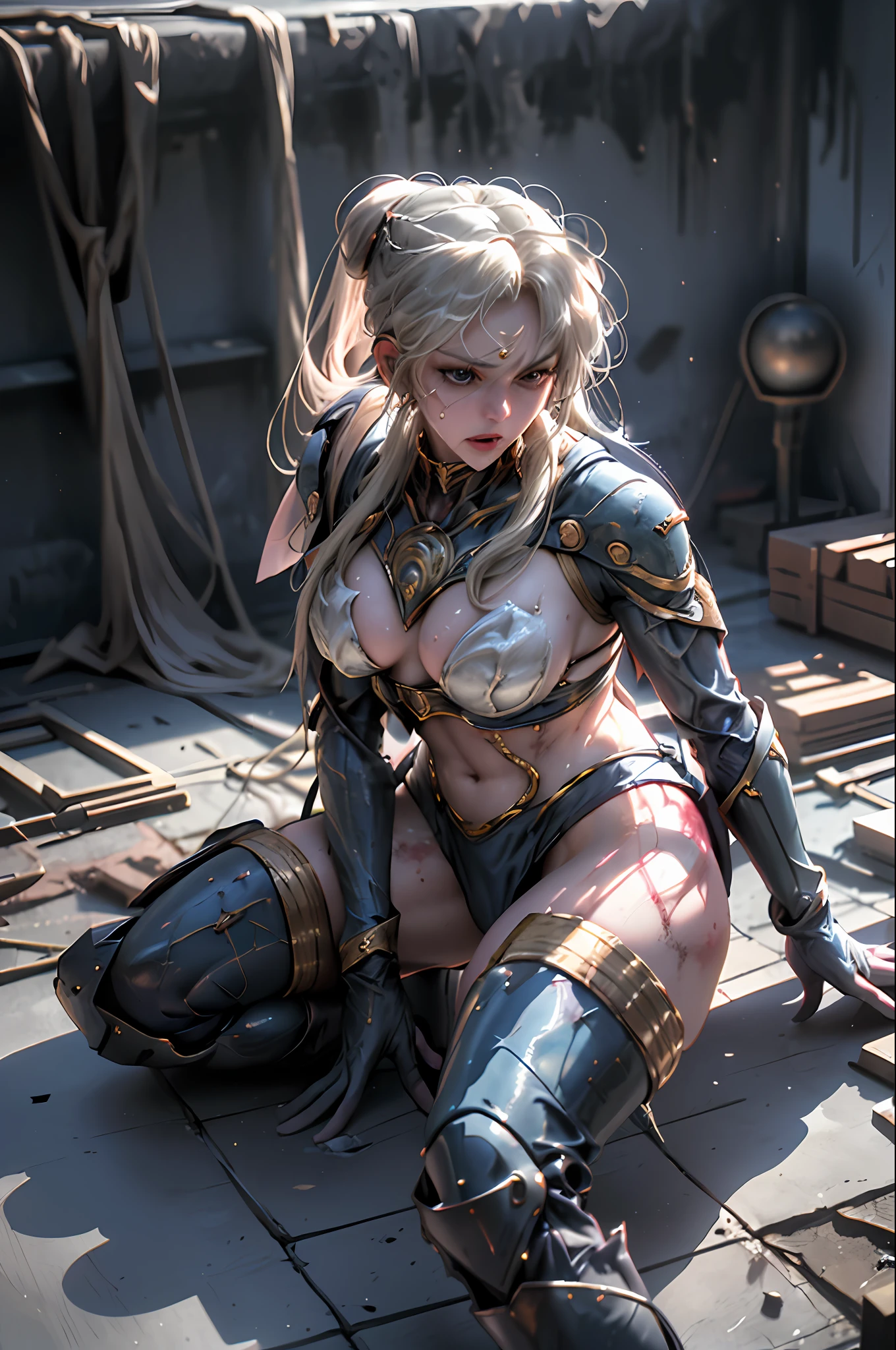 8K, Top Quality, Real Images, Intricate Details, Ultra Detail, Ultra High Resolution, Depth Field, (Photorealistic, Realistic: 1.2), Masterpiece, Supergirl, (Bruises, Dirty, Torn Clothes, Reveal Clothes, Blood: 1.3), Brown Hair, Long Hair, Torn Cape, Torn Pantyhose, Superhero, Solo, Sun, Blue Sky,
Top quality, realistic, photorealistic, (complex details: 1.2), (delicate details), (cinematic light), clear lines, sharp focus, realistic face, detailed face,
Unity 8K wallpaper, ultra high definition, (photorealistic: 1.4), watch the viewer, ((((wearing the teared sheer costume of the superheroine)))),(((no panties, no bra)), wet crotch, wet thighs, Beautiful girl with accentuated slender abs: 1.4, (((The tip is protruding, the areola is protruding, the shape of the pubic area is clearly visible))), Six Pack Abs: 1.4, Bust Botox, Big, Perfect Body, Photography, Sharpness, Unique 850 4, Koda850 K Portrait Camera, F1.6 Lens, Ultra-Realistic Textures, Magnificent Light Textures, Cinestil 800 Fashion Mechanism, (Futuristic Sci-Fi Battle Fashion, Elbow and Knee Cyberpad, Cyber Long Boots, Cyberglove: 1.1), ((Shibari)), ((arms behind the back)), (Completely bound with chains)))), restraints, slaves, collars, contempt, (((tears flow, pain, cry with pain)), sweating, ((wide prison with sunlight)))), dark fantasy, peeling ceilings, broken slabs, rebar between cracks, realistic material details, extreme details, Ultra-realistic materials, broken walls, (((Torn costume))), wet, cloudy, ((rope digging into the crotch, hands tied behind the back, invisible hands)), (((no pan no bra))), costume torn to shreds, broken golden shield and combat spear lying around, long combat boots with white knee pads, long white gloves, combat shoulder armor, junkyard, raining blood, guro, blood on face, blood splatter, realistic,