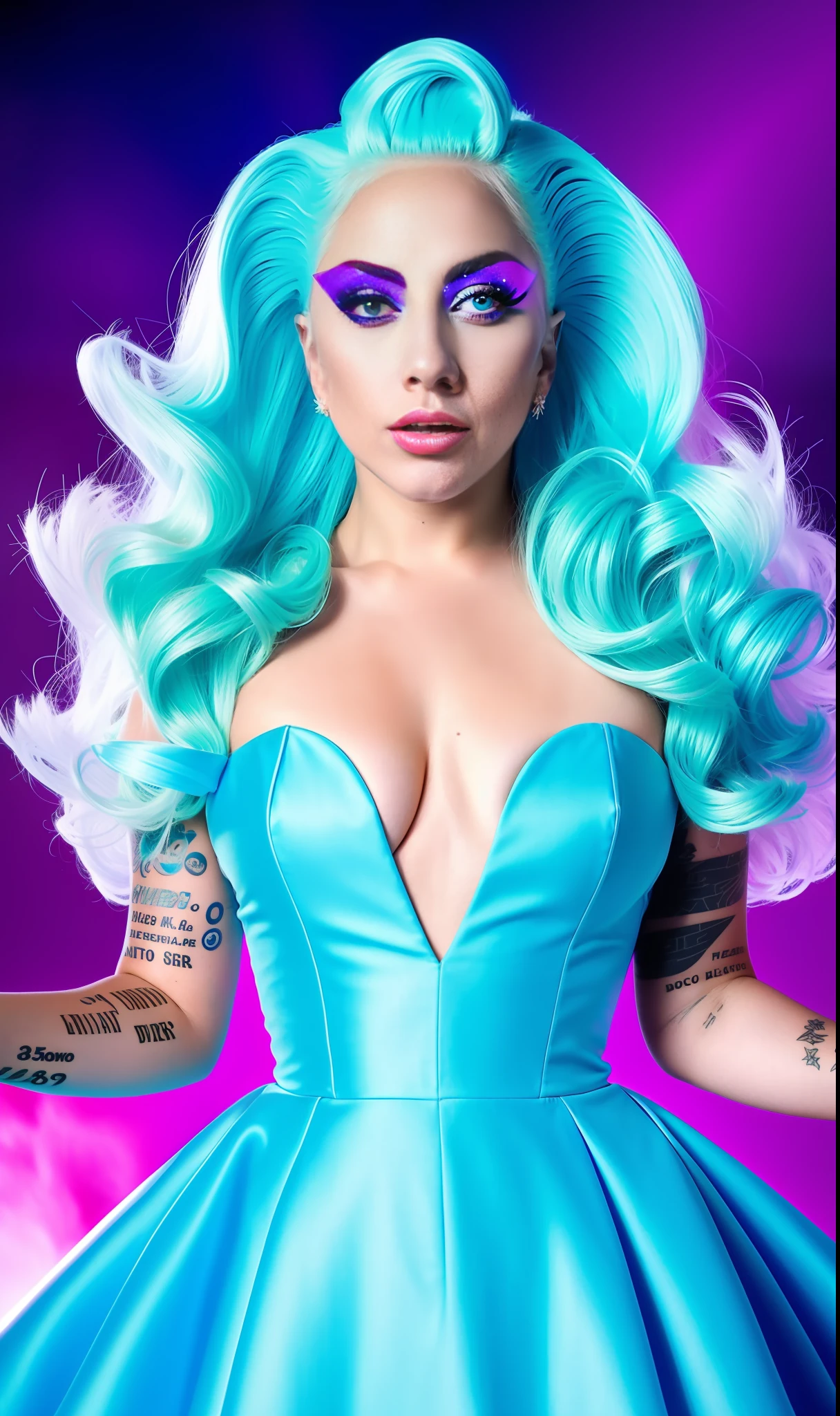 Lady Gaga Photo, 4K Texture, Sky Blue Dress,Neon,Flamboyant White Hair, 8k Picture, Haute Couture, Flashes, High Image Quality,Neon Dress, Realistic Face, Various Body Poses, Full Body, 8k Image, Sharp Image,HD, Blue Glasses, HD Face