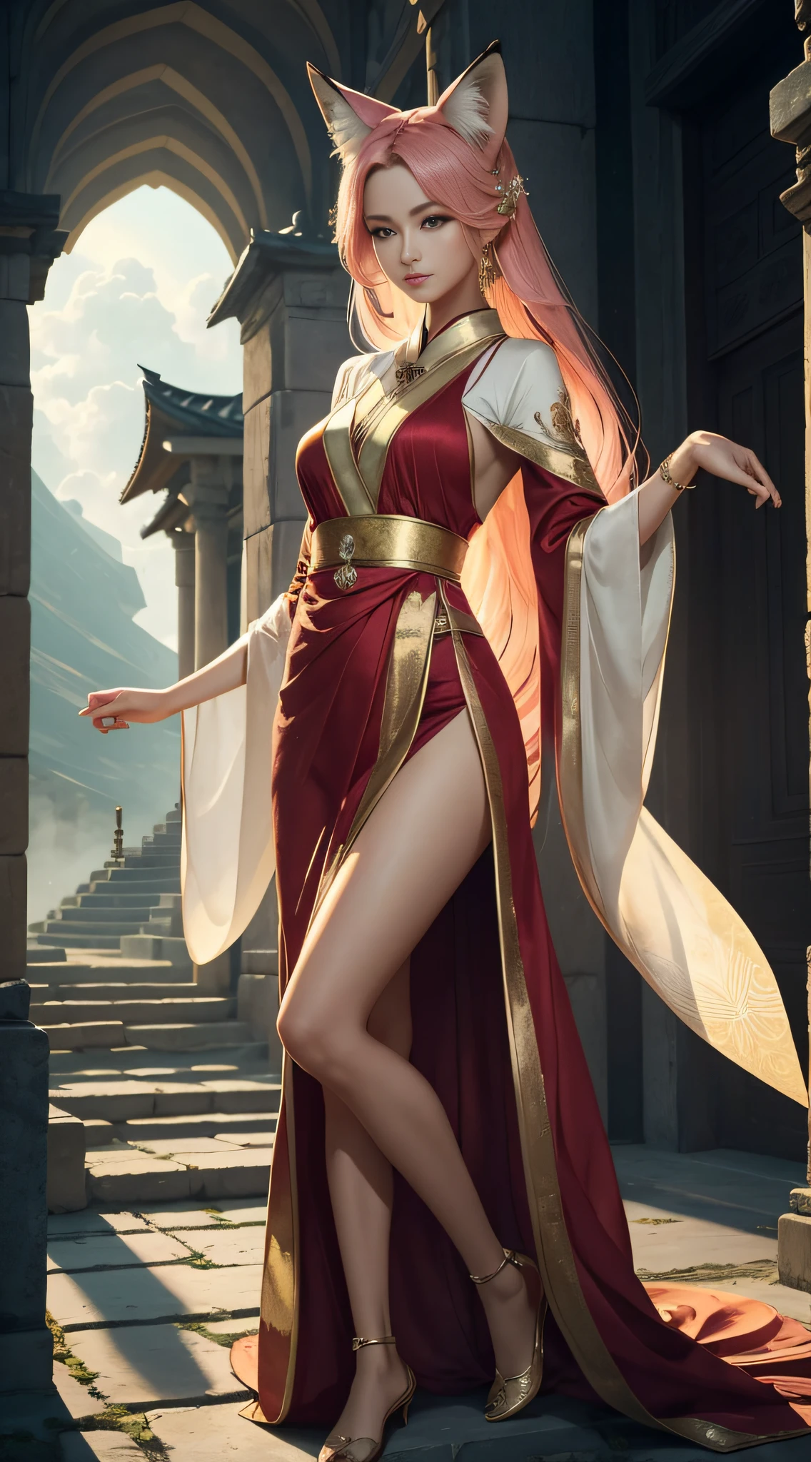 The female fox has cultivated into a human form, with a slender posture, silky skin, a beautiful face, and deep eyes, as if there is a special wisdom in it. She wears a gorgeous brocade robe embroidered with delicate patterns, showing exquisite craftsmanship in the details. He wears a red hairpin set with a crystal clear ruby that glitters brightly. Her body exudes a faint fragrance, which makes people feel refreshed, as if they are in the clouds. Her body is flexible and light, and her walking seems to have a sense of ethereal, like a swallow in the sky. Although she has cultivated into a human form, she can still feel the fox qi flowing in her body, which makes people can't help but feel a mysterious and amazing feeling towards her. She is a beautiful and mysterious female fox, exuding charming charm, clear details, clear fingers, ultra-clear, retina, background ancient attic, street
