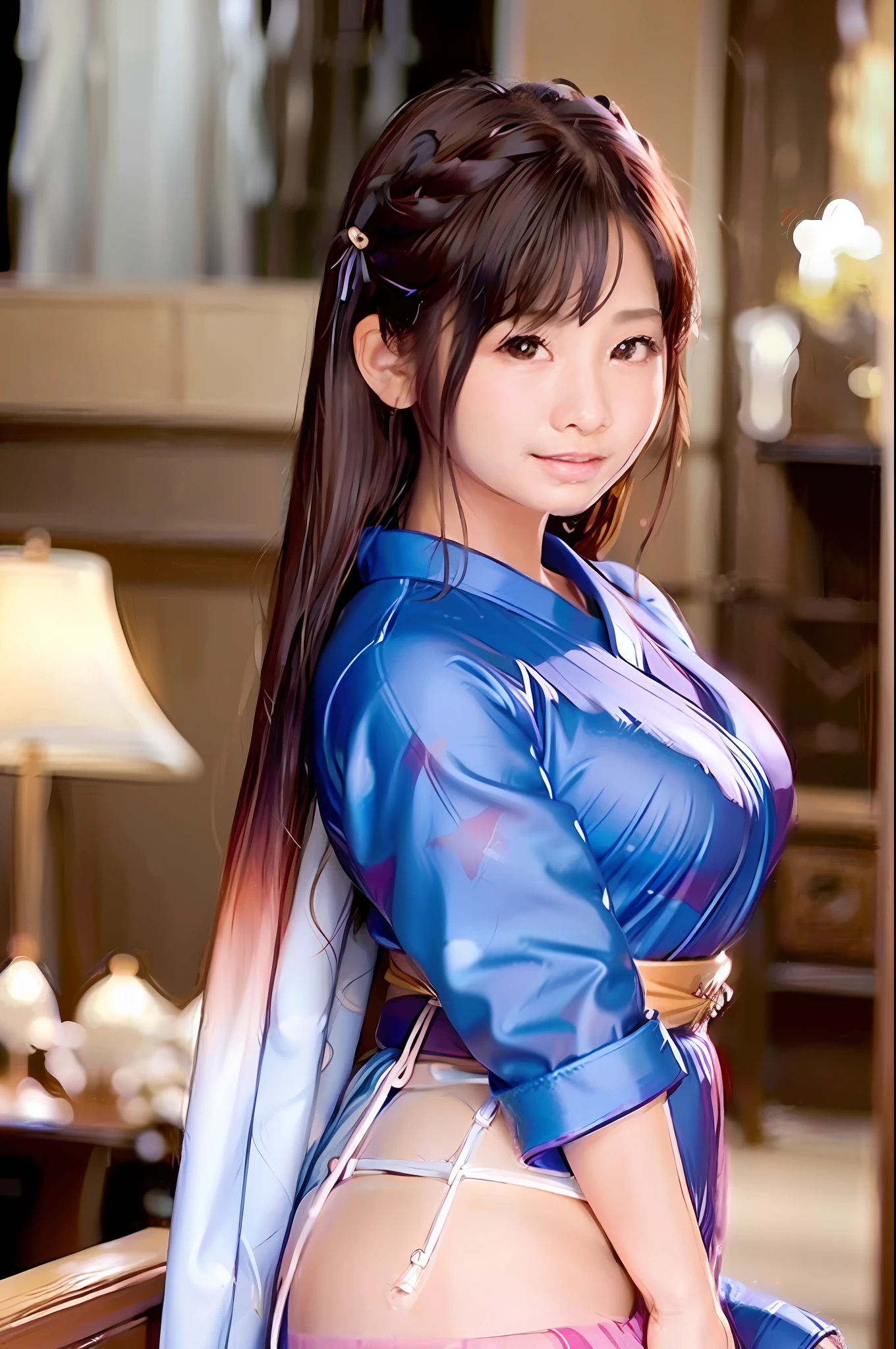 woman posing for a photo with hands behind her back, (wearing kimono_clothes, colorful dress:1.3),beautiful jpd_woman,perfect jpd_face,perfect jpd_body,
good hand,4k, high-res, masterpiece, best quality, head:1.3,((Hasselblad photography)), finely detailed skin, sharp focus, (cinematic lighting), collarbone, night, soft lighting, dynamic angle, [:(detailed face:1.2):0.2],(((5 stars hotel))), outside,