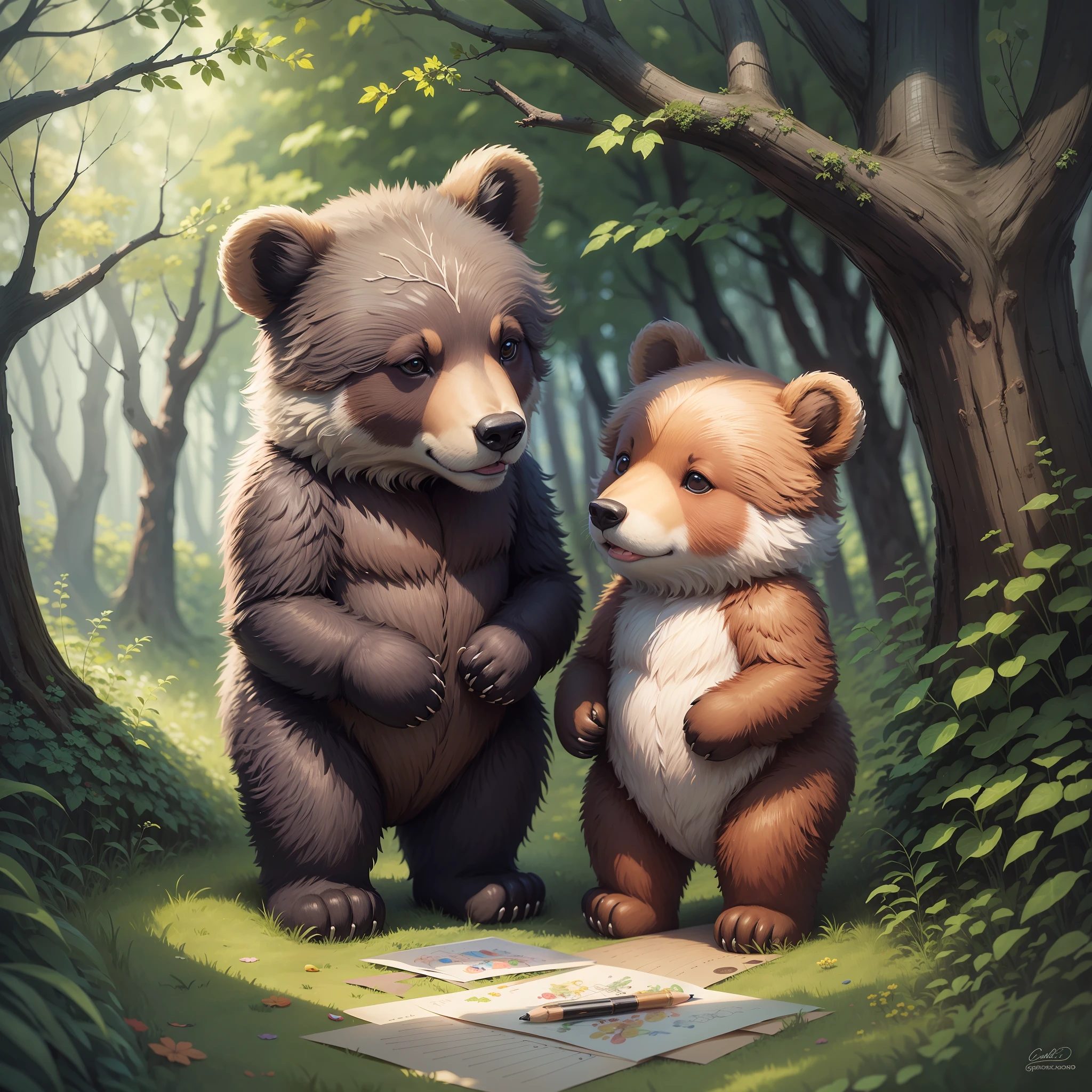 animal, two bears, small, talking. forest. Drawing in colorful, enchanted, children's graphite --auto --s2