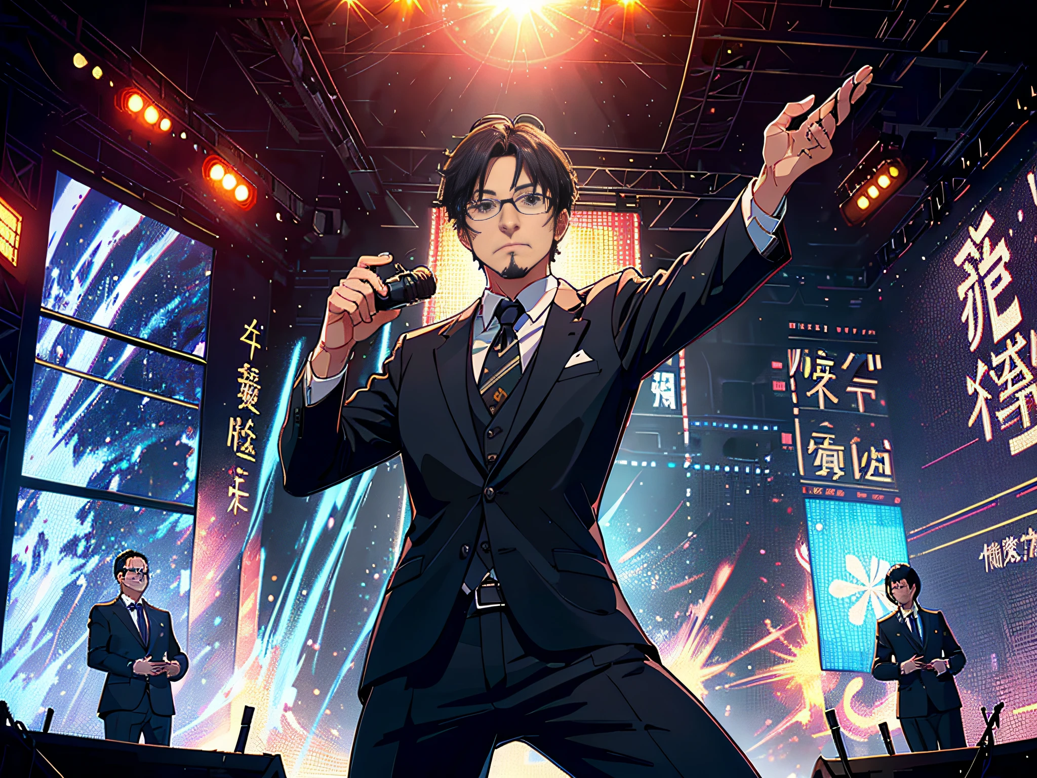 During the day, a 40-year-old man stood on the stage, the Ministry of Education development conference, press conference, multiple reporters around the stage, a man stood on the stage, this male classmate was wearing a suit and formal suit, short black hair, wearing glasses, the man looked at the camera, the lens mainly featured the upper body, in the Loepfe Art style ((Xinhaicheng), popular in CGStation, Xinhaicheng H 2160, inspired by Bian Shoumin, Xinhaicheng, Kavasi, Guvitz's style, high-quality pictures, 4K, 8K, resolution