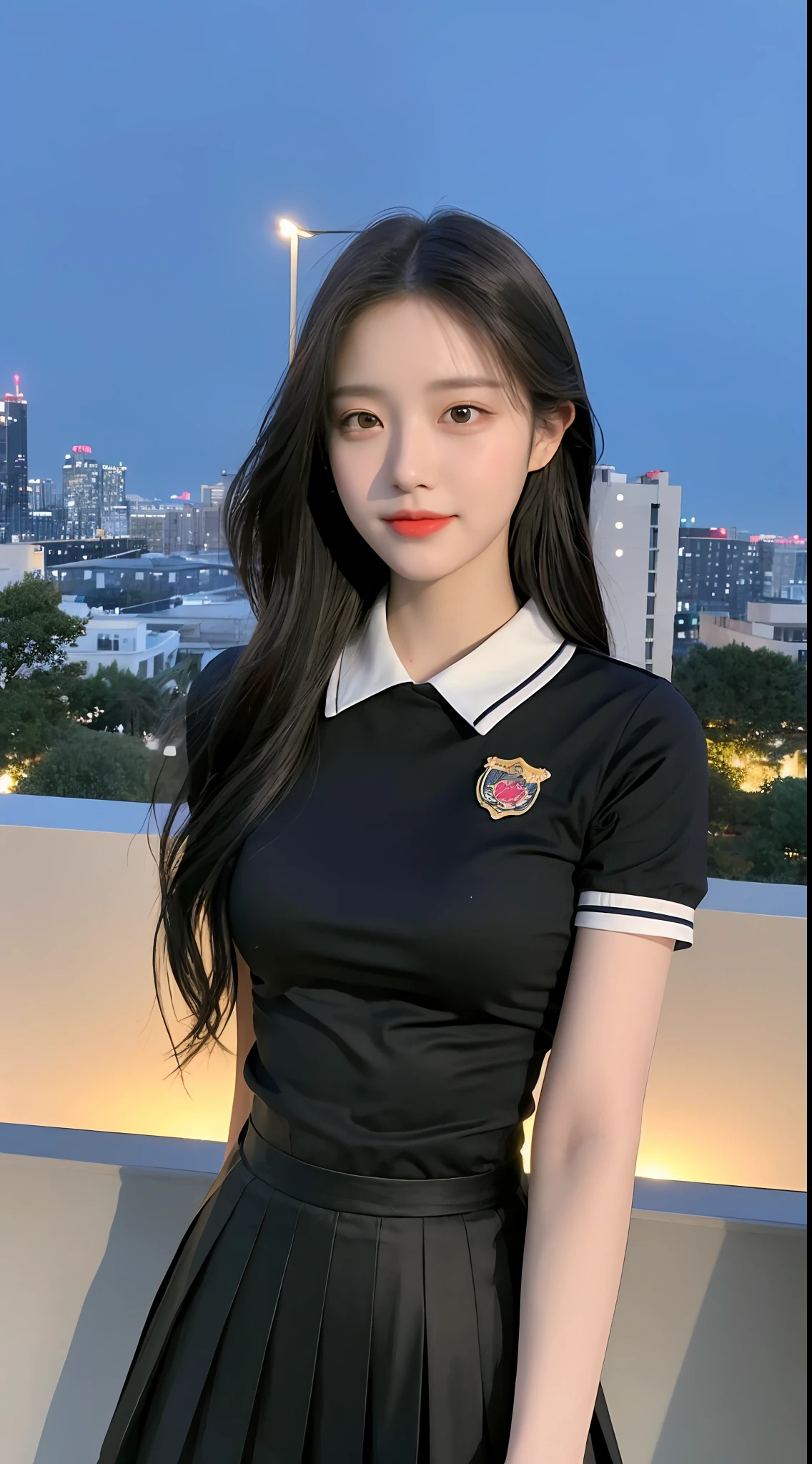 20 years old, pure beauty, danfeng eyes, double eyelids, lying silkworm, long eyelashes, black eyes, deep black hair, graceful body, showing slender waist, JK uniform, pleated skirt, face highlight, smile, look at me, bust photo, background, city night scene, Tyndall light, filter rendering, super fine, HD, HD, HD picture quality, detail, 18k ultra HD resolution, top effect, master work, bust photo.