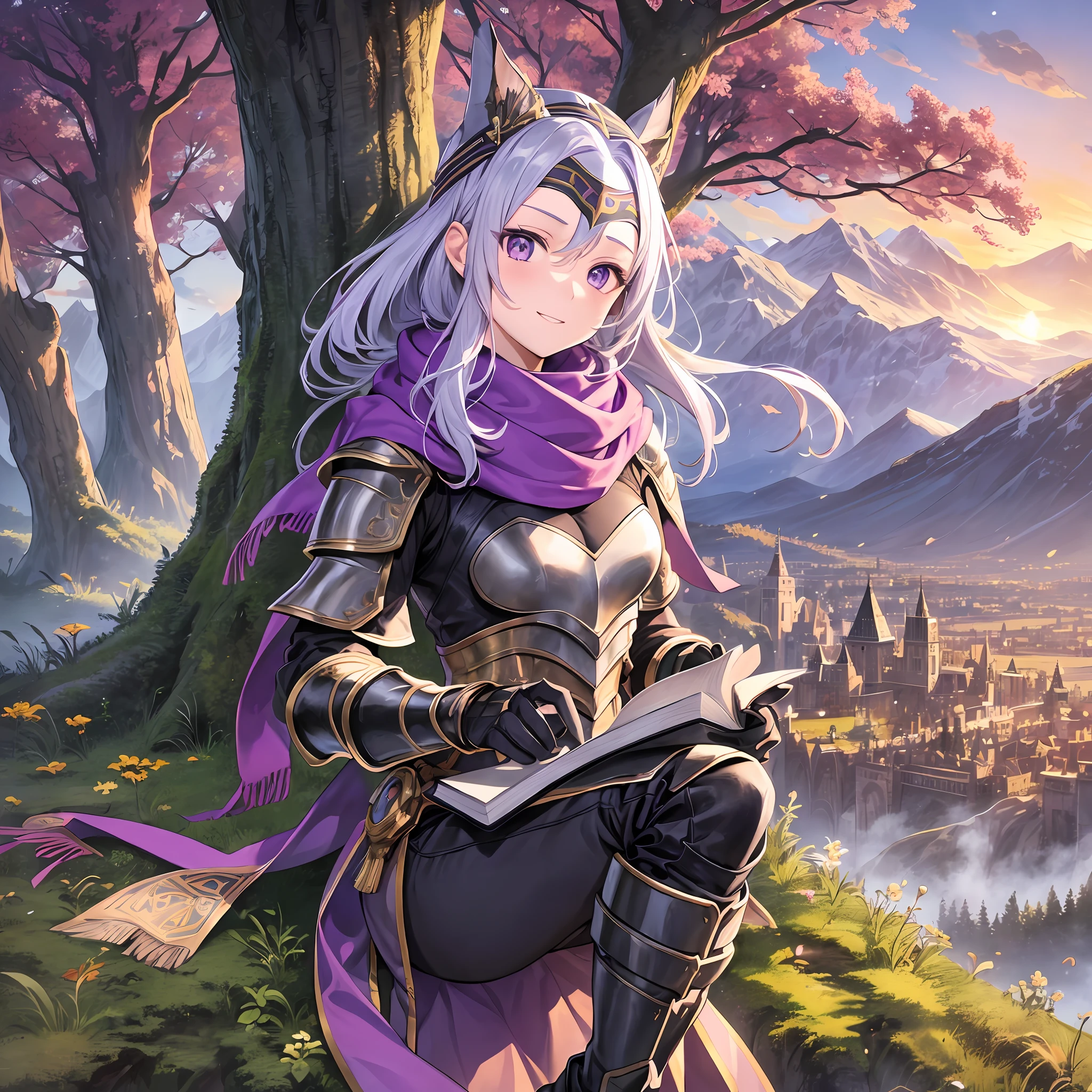 1girl, (best quality, gauntlets), armor, scarf, black gloves, light purple hair, purple eyes, pants, boots, with bandana on the forehead, in front, trees, mountain, beautiful landscape in the background, soft sunset, subtle reflections on the ground, With cover, holding a book of magic, ready for combat, calm, happy expression