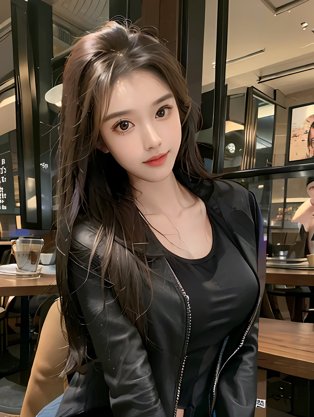 realistic, high resolution, 1 girl, long hair, korean,, tight black tanktop with a black jacket, short jeans, thighs, panties visible, big ass, sitting on a cafe chair, in a cafe, coffee on the table, shot from the front