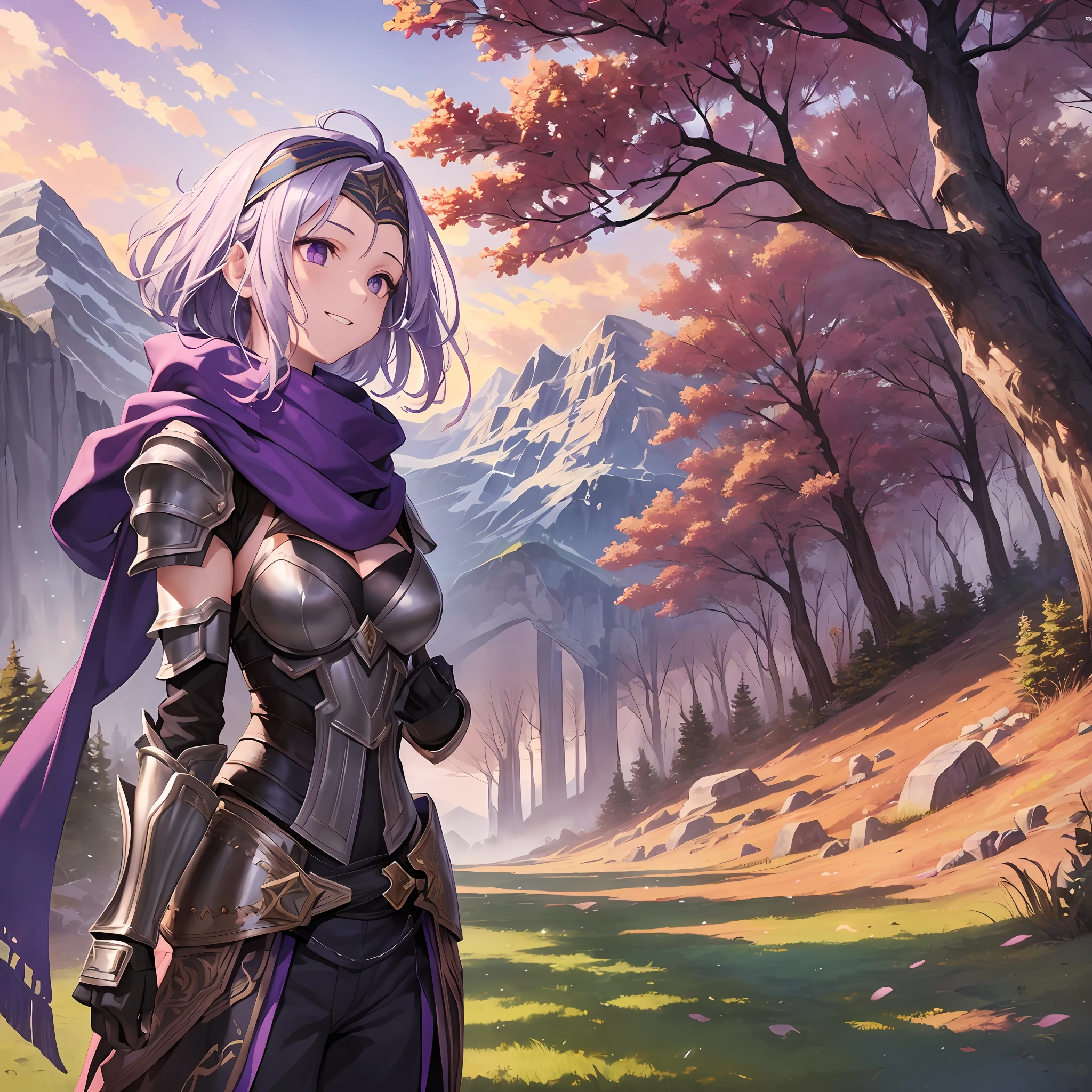 1girl, (best quality, gauntlets), armor, scarf, black gloves, light purple hair, purple eyes, pants, boots, with bandana on the forehead, in front, trees, mountain, beautiful landscape in the background, soft sunset, subtle reflections on the ground, With cover, holding a book of magic, ready for combat, calm, happy expression