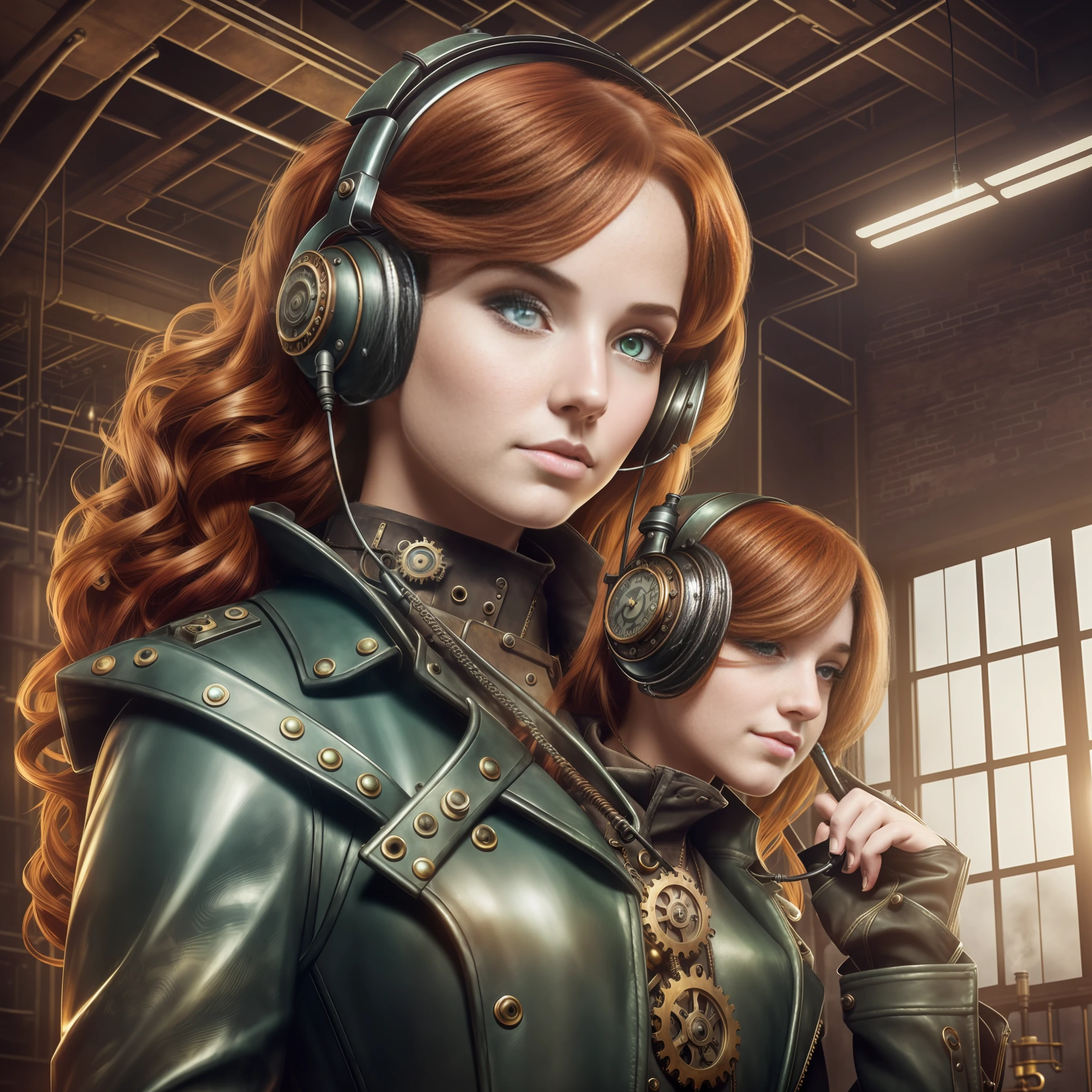 hyper photorealism, very high contrast photograph, street photography, cinematic lighting, dramatic lighting, (a 19 yo girl, (Ana de Armas:0.50), (redhead:1.1)), very cute, (perfect eyes:1.1), photorealistic wavy hair, looking down at her own hand, steampunk jumpsuit, intercom headset, steampunk choker, long leather boots, perfect detailed face, detailed symmetric green eyes with circular iris, fixing a steam engine in the steampunk garage filled with steam and smoke, intricate, hdr, intricate details, detailed, cinematic, cogs and gears, steamy background with lots of steam pipes and steam valves and pressure gauges and gears, realistic, stunning realistic photograph, 3d render, octane render, cinematic, Isometric, Centered, hyperealistic cover photo, awesome full color, 12k, high definition, portrait featured on unsplash, smooth, ultra high definition, 8k, ultra sharp focus, intricate artwork, masterpiece, ominous, epic, highly detailed, warm cinematic, a girl in a light gray uniform sitting on a machine, young girl in steampunk clothes, in a steampunk laboratory, steampunk inventor girl, in a steampunk world, woman in a dark factory, steampunk fantasy style, steampunk , steampunk aesthetic --auto --s2
