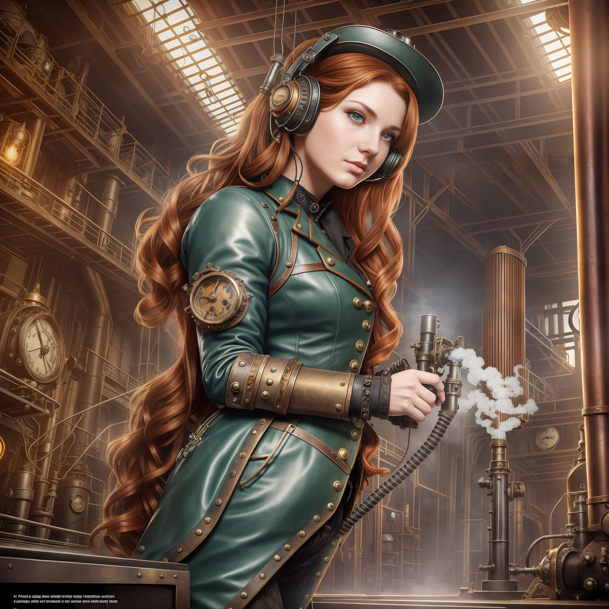 hyper photorealism, very high contrast photograph, street photography, cinematic lighting, dramatic lighting, (a 19 yo girl, (Ana de Armas:0.50), (redhead:1.1)), very cute, (perfect eyes:1.1), photorealistic wavy hair, looking down at her own hand, steampunk jumpsuit, intercom headset, steampunk choker, long leather boots, perfect detailed face, detailed symmetric green eyes with circular iris, fixing a steam engine in the steampunk garage filled with steam and smoke, intricate, hdr, intricate details, detailed, cinematic, cogs and gears, steamy background with lots of steam pipes and steam valves and pressure gauges and gears, realistic, stunning realistic photograph, 3d render, octane render, cinematic, Isometric, Centered, hyperealistic cover photo, awesome full color, 12k, high definition, portrait featured on unsplash, smooth, ultra high definition, 8k, ultra sharp focus, intricate artwork, masterpiece, ominous, epic, highly detailed, warm cinematic, a girl in a light gray uniform sitting on a machine, young girl in steampunk clothes, in a steampunk laboratory, steampunk inventor girl, in a steampunk world, woman in a dark factory, steampunk fantasy style, steampunk , steampunk aesthetic --auto --s2