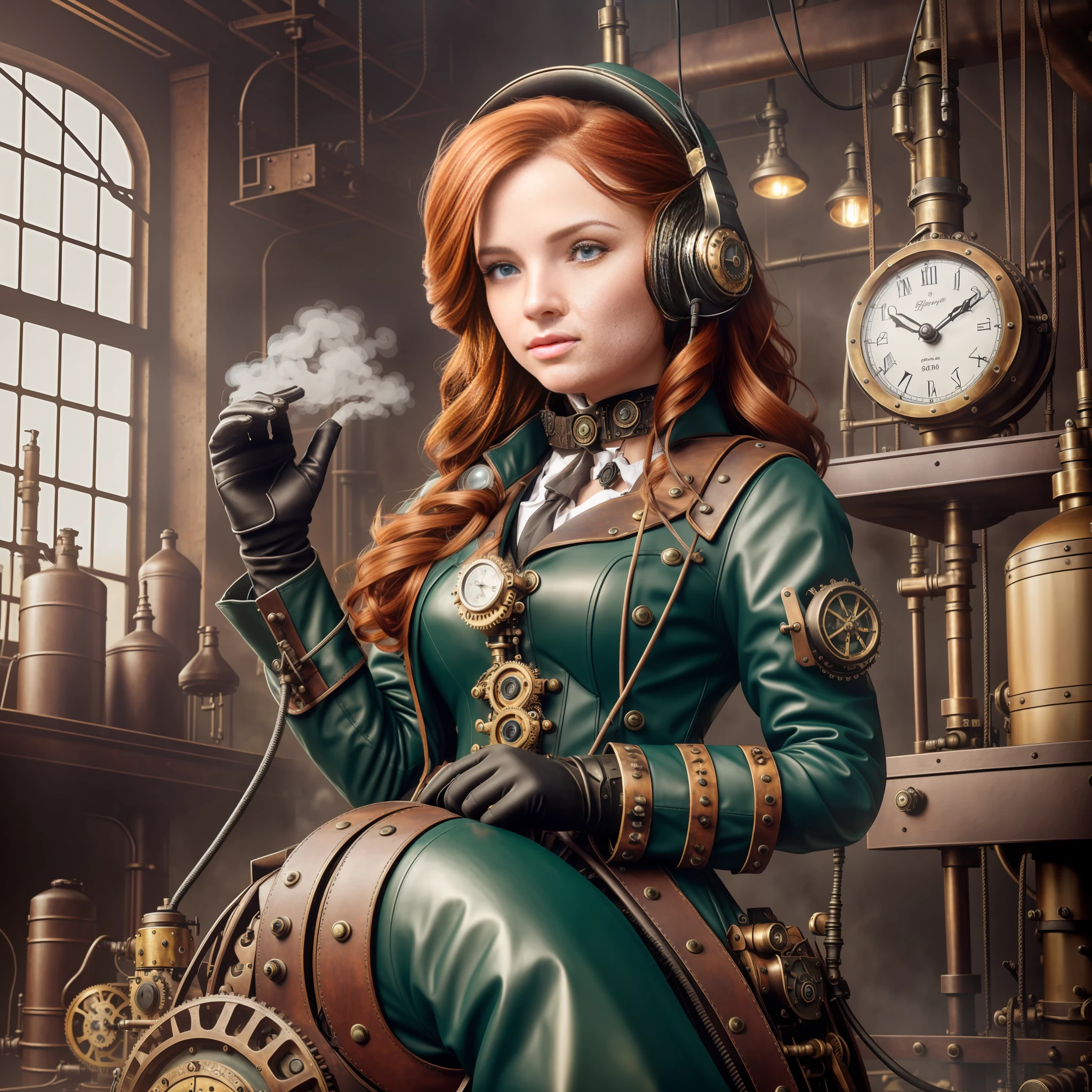hyper photorealism, very high contrast photograph, street photography, cinematic lighting, dramatic lighting, (a 19 yo girl, (Ana de Armas:0.50), (redhead:1.1)), very cute, (perfect eyes:1.1), photorealistic wavy hair, looking down at her own hand, steampunk jumpsuit, intercom headset, steampunk choker, long leather boots, perfect detailed face, detailed symmetric green eyes with circular iris, fixing a steam engine in the steampunk garage filled with steam and smoke, intricate, hdr, intricate details, detailed, cinematic, cogs and gears, steamy background with lots of steam pipes and steam valves and pressure gauges and gears, realistic, stunning realistic photograph, 3d render, octane render, cinematic, Isometric, Centered, hyperealistic cover photo, awesome full color, 12k, high definition, portrait featured on unsplash, smooth, ultra high definition, 8k, ultra sharp focus, intricate artwork, masterpiece, ominous, epic, highly detailed, warm cinematic, a girl in a light gray uniform sitting on a machine, young girl in steampunk clothes, in a steampunk laboratory, steampunk inventor girl, in a steampunk world, woman in a dark factory, steampunk fantasy style, steampunk , steampunk aesthetic --auto --s2
