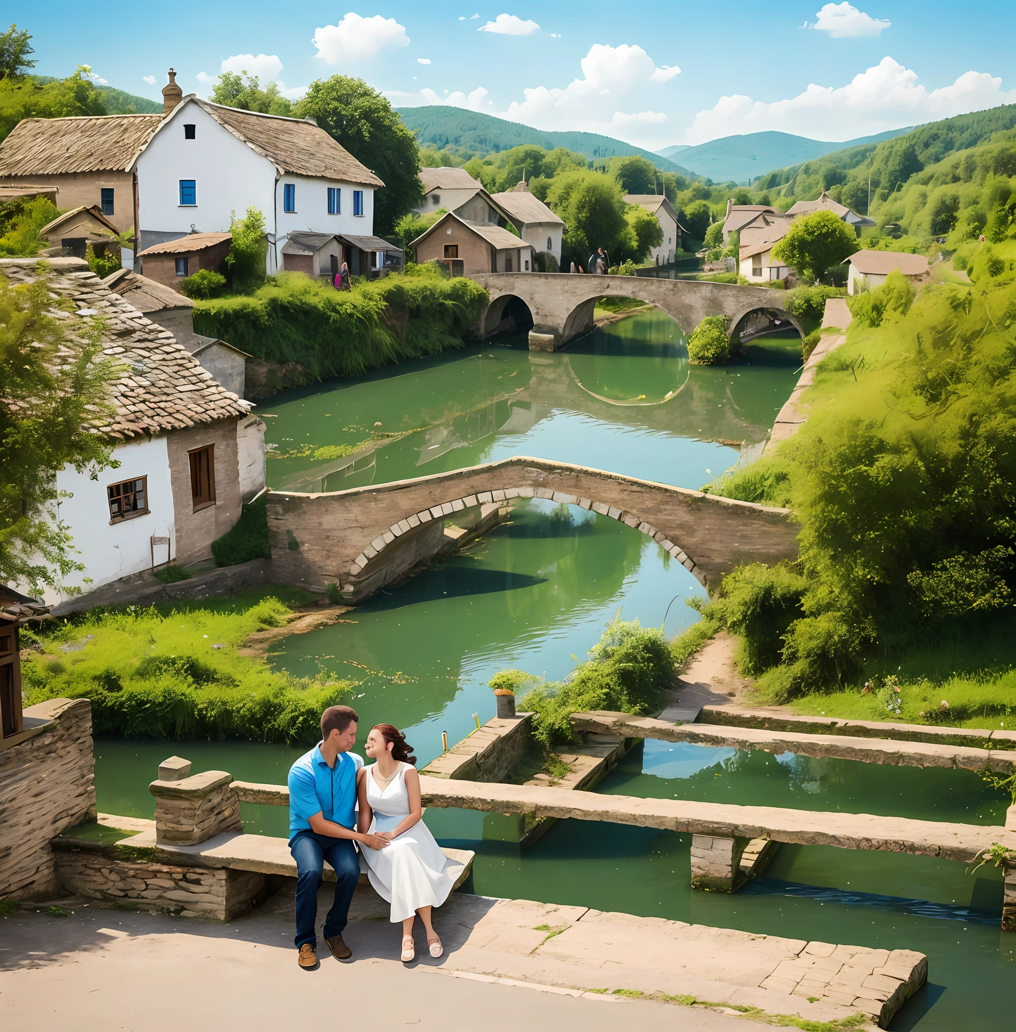Beautiful girl and her boyfriend sitting on the bridge see a beautiful village view