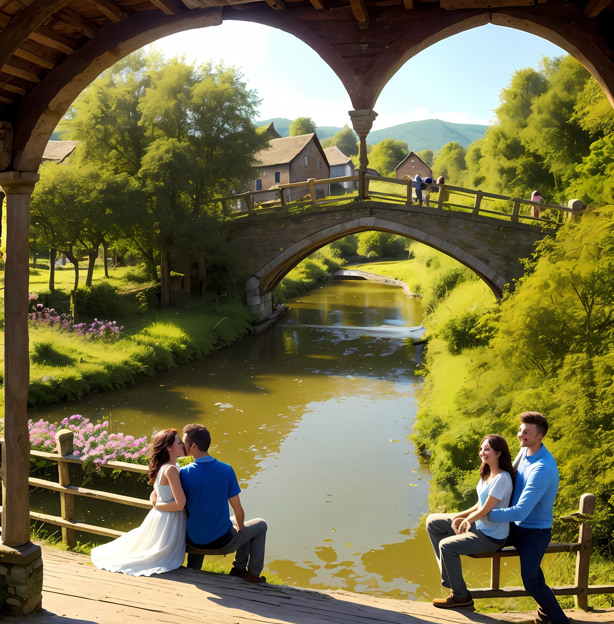 Beautiful girl and her boyfriend sitting on the bridge see a beautiful village view