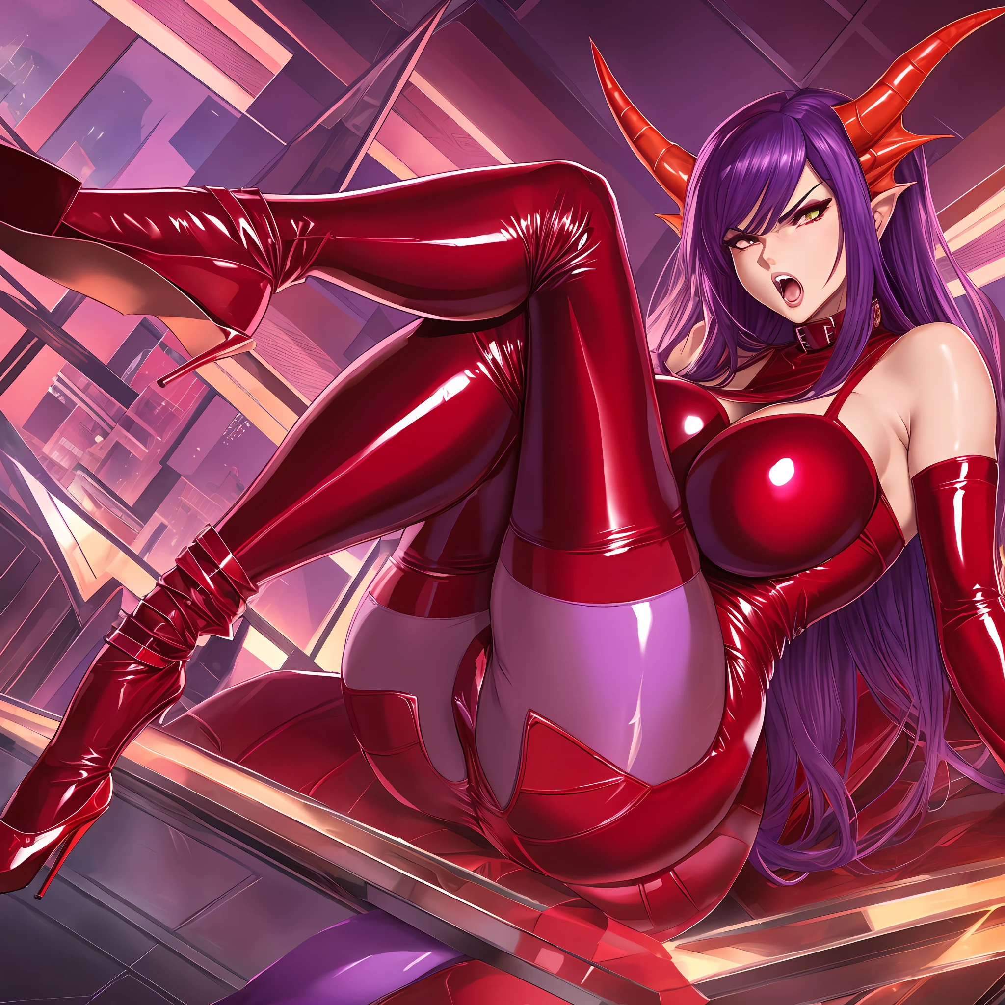 Red latex tights, angry, big breasts, stockings long legs, milf, dragon man, insert, purple high heels