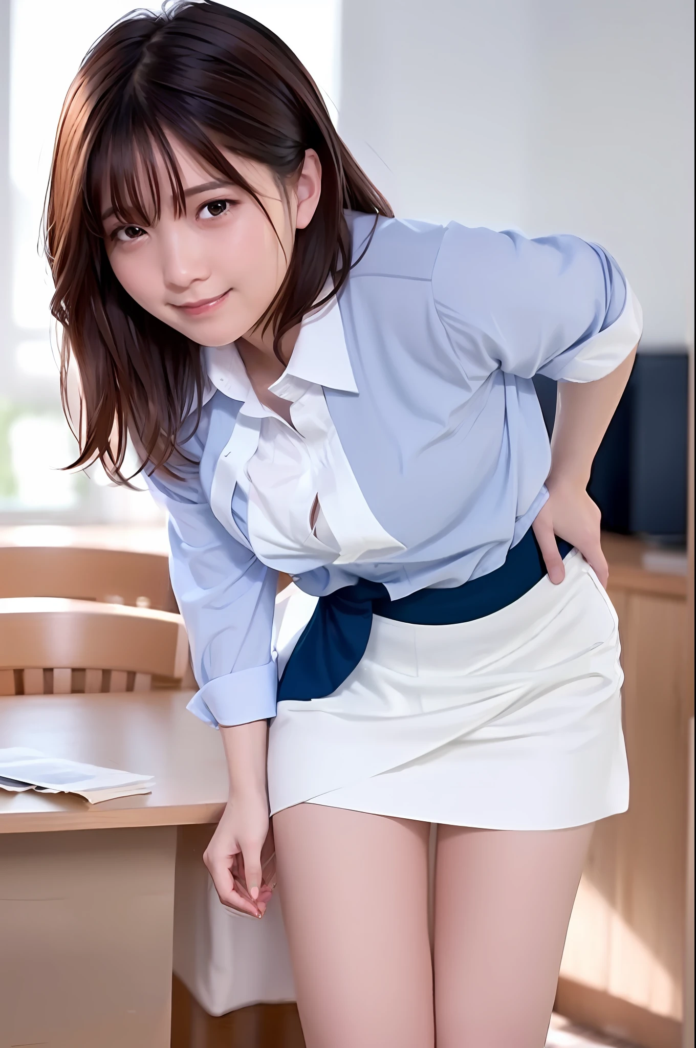 masterpiece, best quality, high resolution, high-resolution, library,one girl, solo, angle from below, skirt, shirt, blue eyes, light shirt, unbuttoned, fluffy breasts, cleavage,protruding, hard, gray hair, pleated skirt, socks, black skirt, long hair, long sleeve, bangs, black socks, pubic hair, pubic hair visible, dress shirt, smile, proud expression, light eyes, sweaty, soaked, sheer , Light clothing, Skirt blowing in the wind, Lifting skirt, crotch line, hip line, white underwear, panty shot, beautiful leg line, drops flowing down the legs, lower body soaked, wet hips, excessive crotch water droplets, three-dimensional feeling of body parts, exposed underwear, realistic skin texture, focus on the feet, kneeling, finger shifting panty position, lighting from below, Bitten panties