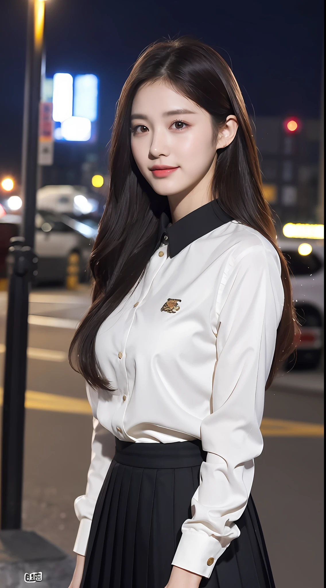 20 years old, pure beauty, danfeng eyes, double eyelids, lying silkworm, long eyelashes, black eyes, deep black hair, graceful body, showing slender waist, JK uniform, pleated skirt, face highlight, smile, look at me, bust photo, background, city night scene, Tyndall light, filter rendering, super fine, HD, HD, HD picture quality, detail, 18k ultra HD resolution, top effect, master work, bust photo.