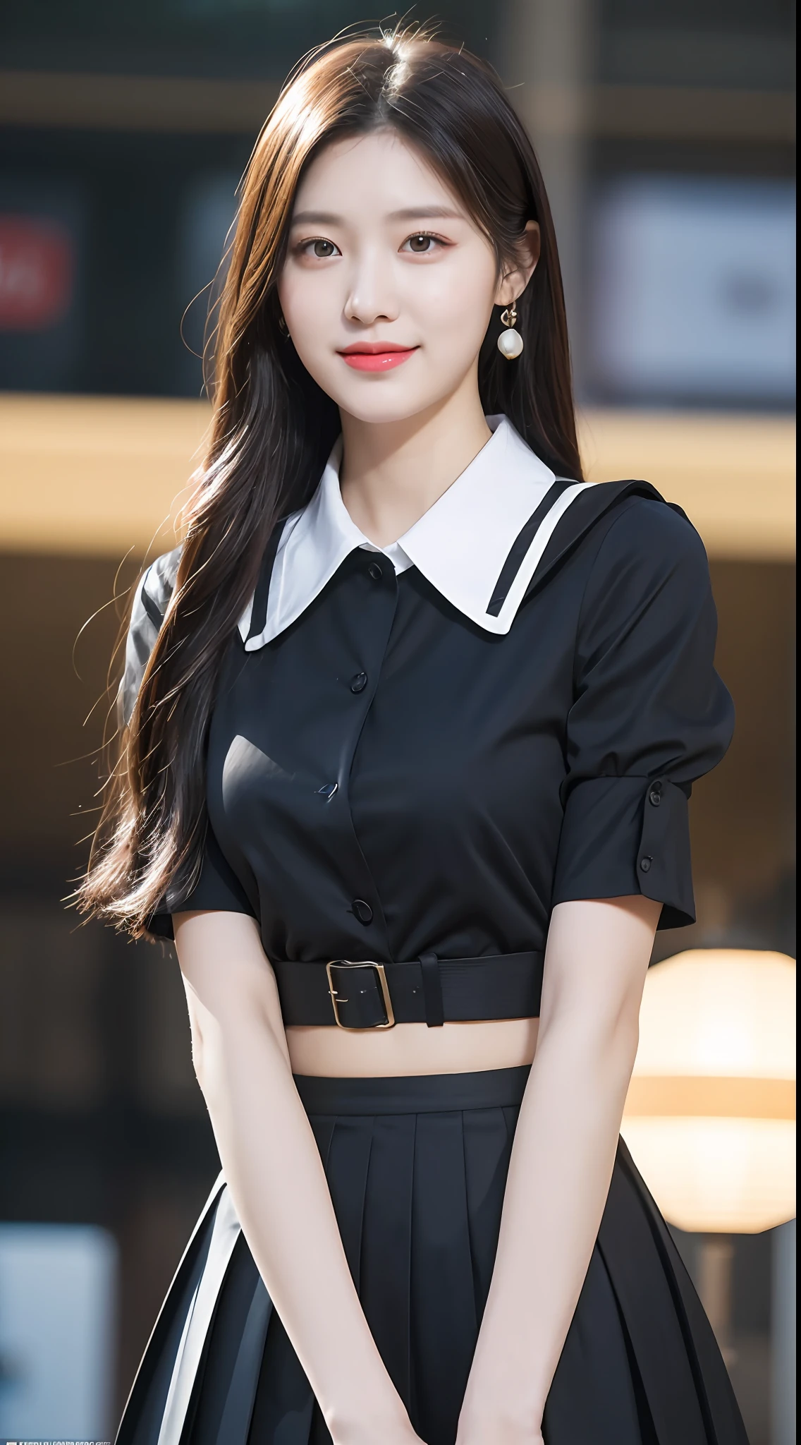 20 years old, pure beauty, danfeng eyes, double eyelids, lying silkworm, long eyelashes, black eyes, deep black hair, graceful body, showing slender waist, JK uniform, pleated skirt, face highlight, smile, look at me, bust photo, background, city night scene, Tyndall light, filter rendering, super fine, HD, HD, HD picture quality, detail, 18k ultra HD resolution, top effect, master work, bust photo.