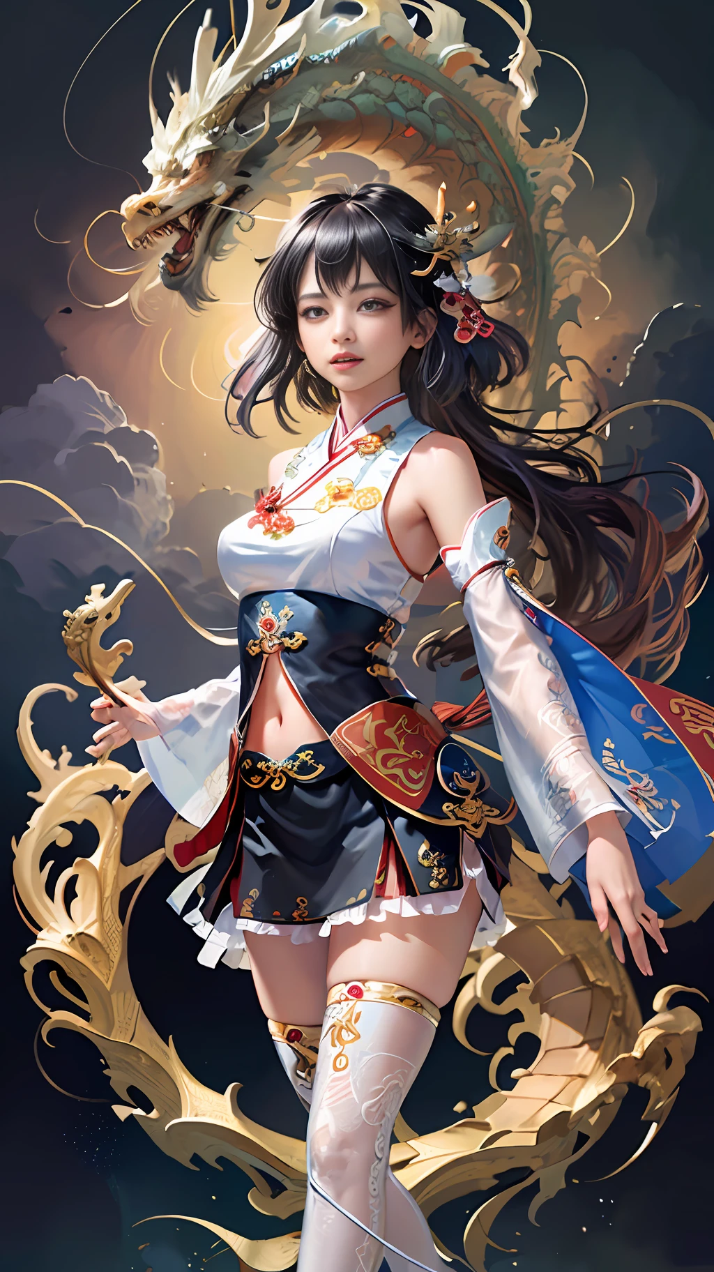 Official Art, Unified 8K Wallpapers, Ultra Detailed, Beautiful and Aesthetic, Masterpiece, Best Quality, (Zentangle, Tangle, Entangle), (fractal art: 1.4), 1girl, black hair, Chinese, bare shoulders, short skirt, calf, navel, very detailed, dynamic angle, cowboyshot, (most beautiful form chaos), flowing, (bright colors), oc, (half: 1.2), china, (thangka flying sky: 1.5), (ribbon: 1.3), (dream: 1.5), (hanfu: 1.5), Chinese dragon, Chinese phoenix, (smile: 0.5), (Chinese deity),