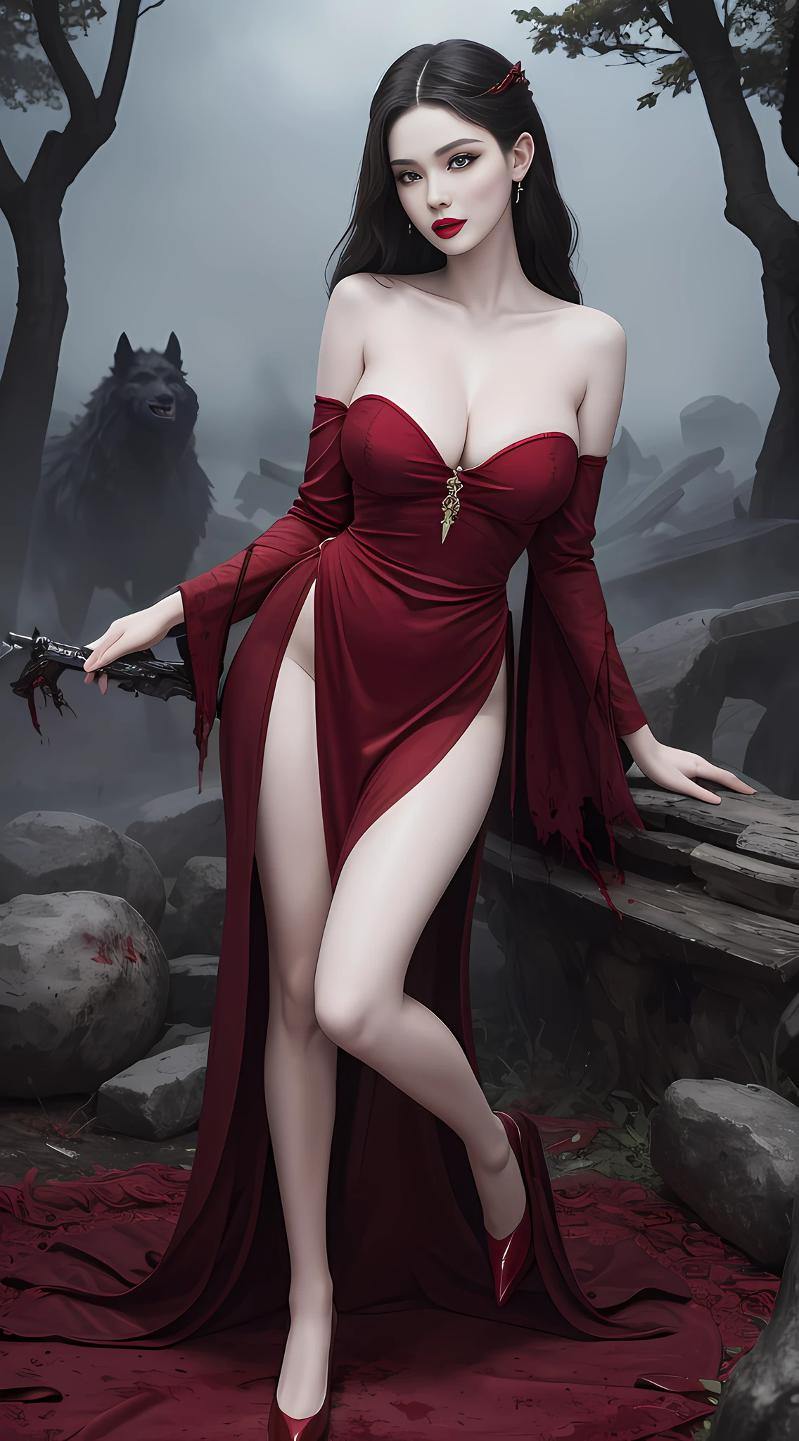 (Masterpiece, Best Quality, Super Fine, Flawless: 1.3), Epic, Illustration, 1 Girl, Beautiful Facial Features, Big Breasts, Pale Skin, (Full Body: 1.3), Dark Witch, (Red Lipstick: 1), Paws, Korea, (Blood Red Tapestry, Loaded with Ominous Creatures: 1.3) On a battlefield full of defeated and fallen people