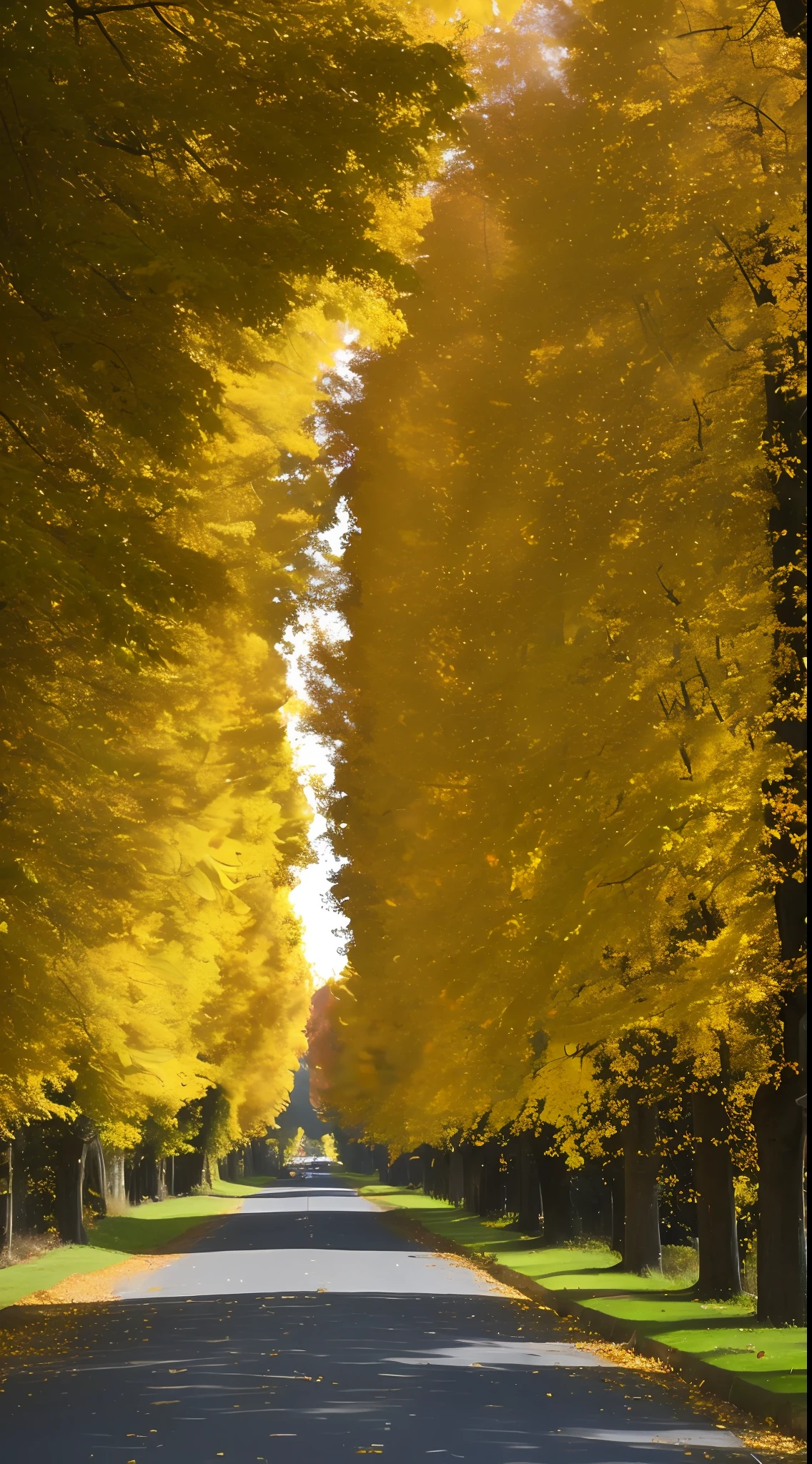 On an autumn road, the plane trees on both sides are covered with yellow leaves