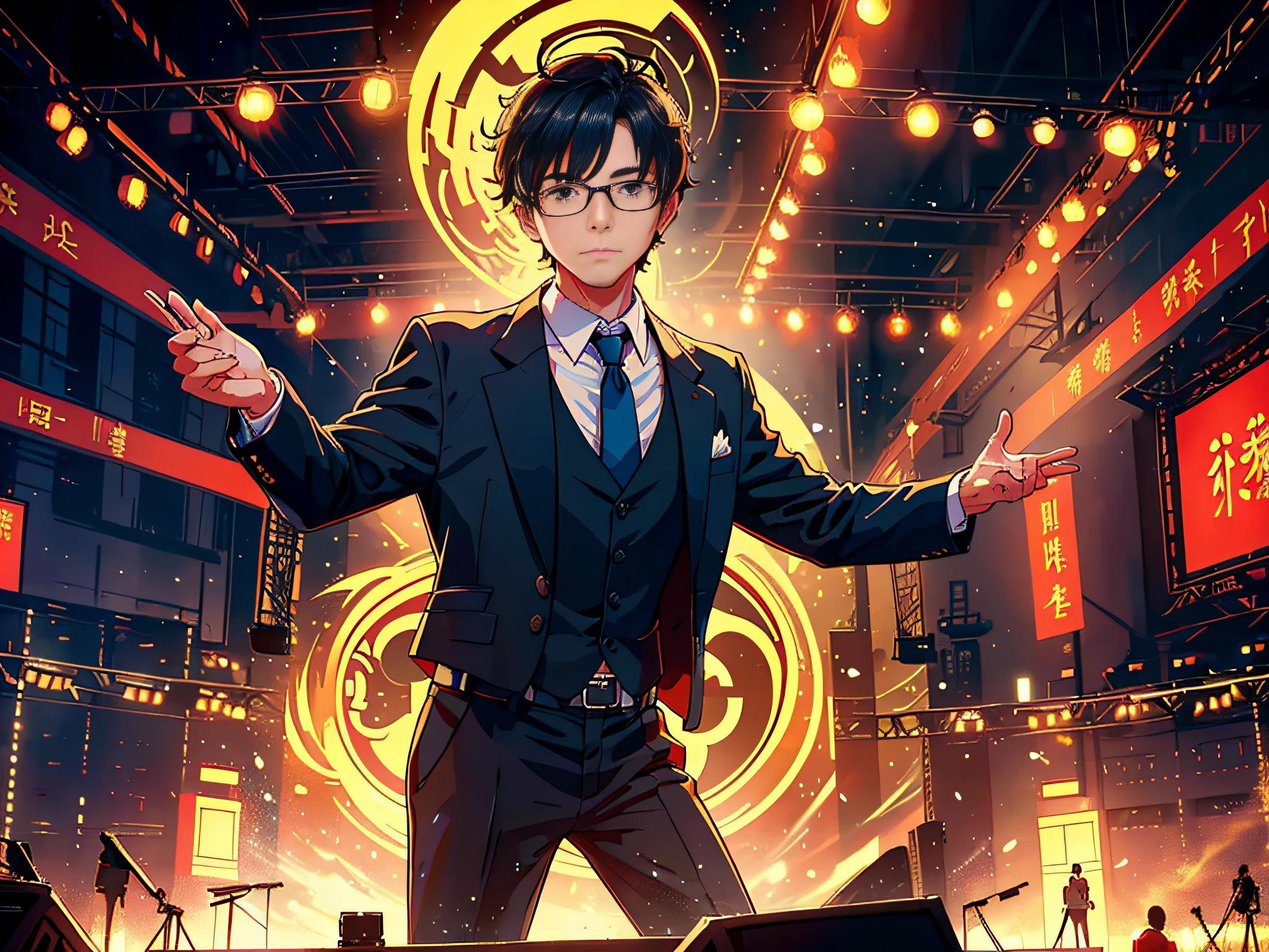 During the day, a 40-year-old man stood on the stage, the Ministry of Education development conference, press conference, multiple reporters around the stage, a man stood on the stage, this male classmate was wearing a suit and formal suit, short black hair, wearing glasses, the man looked at the camera, the lens mainly featured the upper body, in the Loepfe Art style ((Xinhaicheng), popular in CGStation, Xinhaicheng H 2160, inspired by Bian Shoumin, Xinhaicheng, Kavasi, Guvitz's style, high-quality pictures, 4K, 8K, resolution